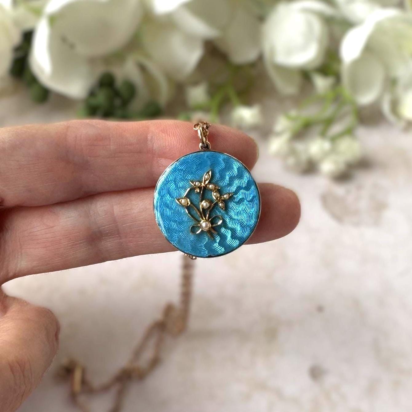 Antique Edwardian 15ct Gold Blue Guilloché Enamel Picture Locket with Seed Pearls, Optional Chain