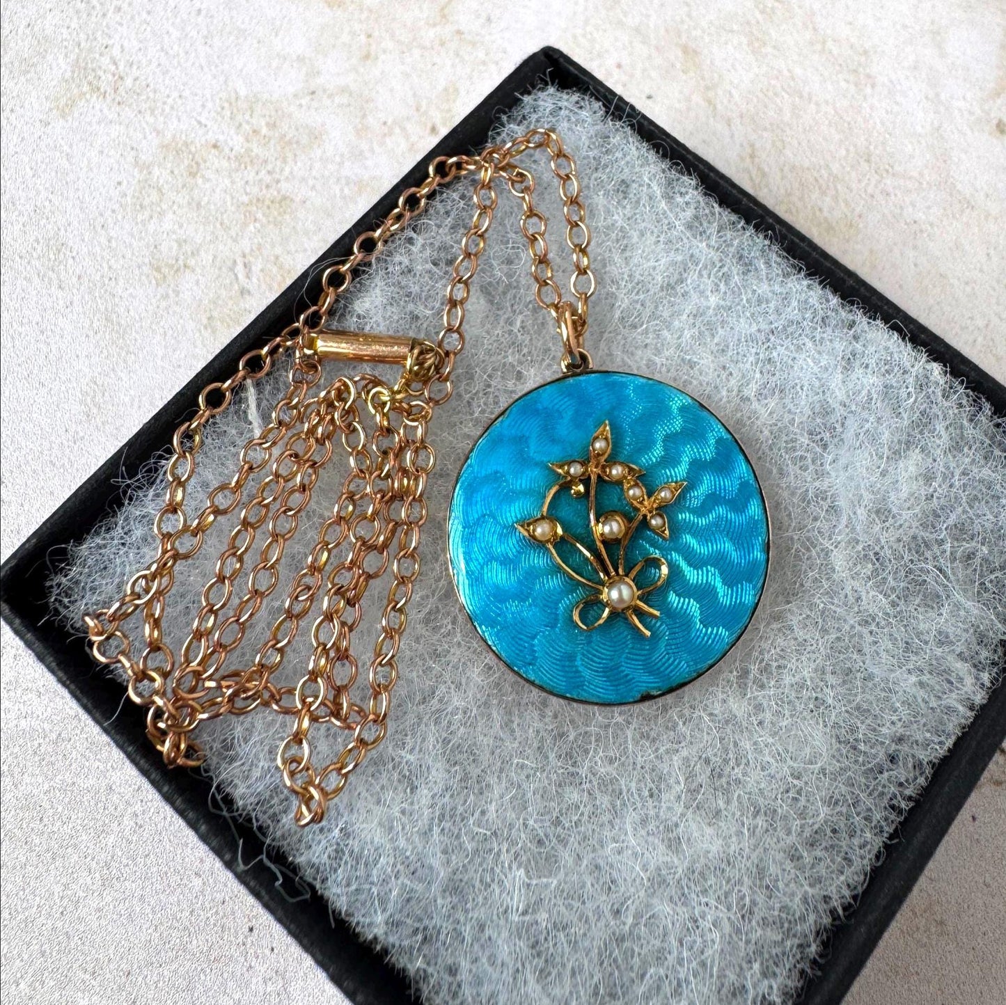 Antique Edwardian 15ct Gold Blue Guilloché Enamel Picture Locket with Seed Pearls, Optional Chain