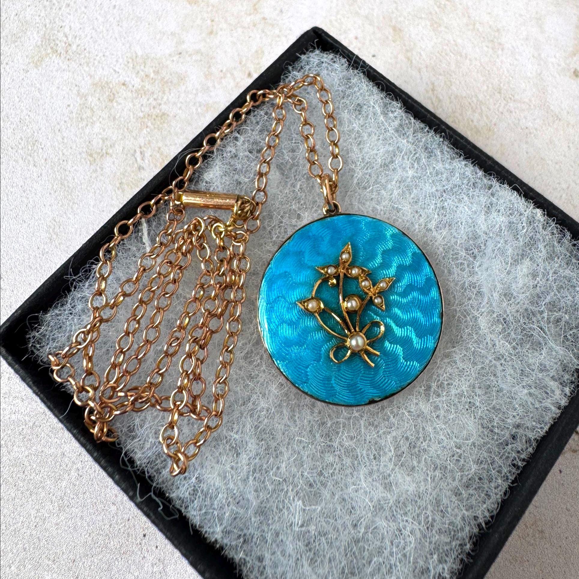 Antique Edwardian 15ct Gold Blue Guilloché Enamel Picture Locket with Seed Pearls, Optional Chain