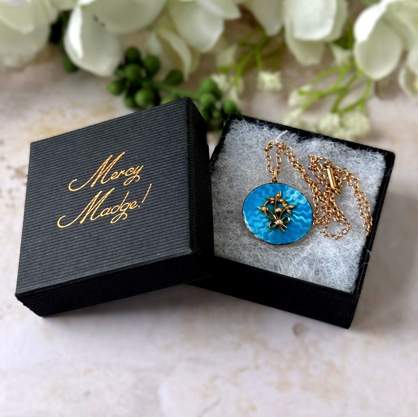 Antique Edwardian 15ct Gold Blue Guilloché Enamel Picture Locket with Seed Pearls, Optional Chain