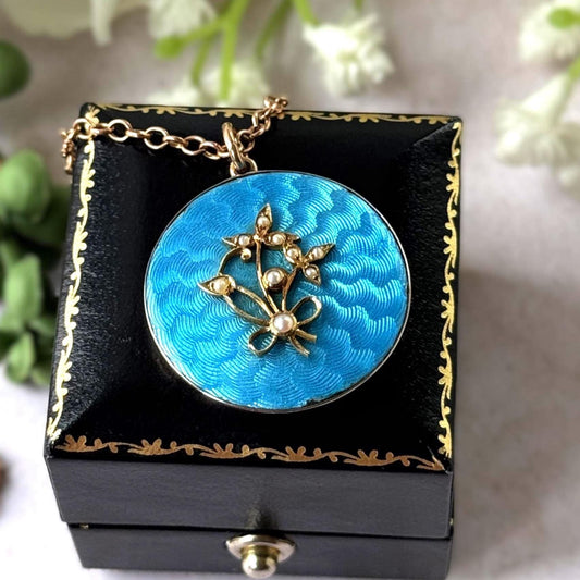 Antique Edwardian 15ct Gold Blue Guilloché Enamel Picture Locket with Seed Pearls, Optional Chain