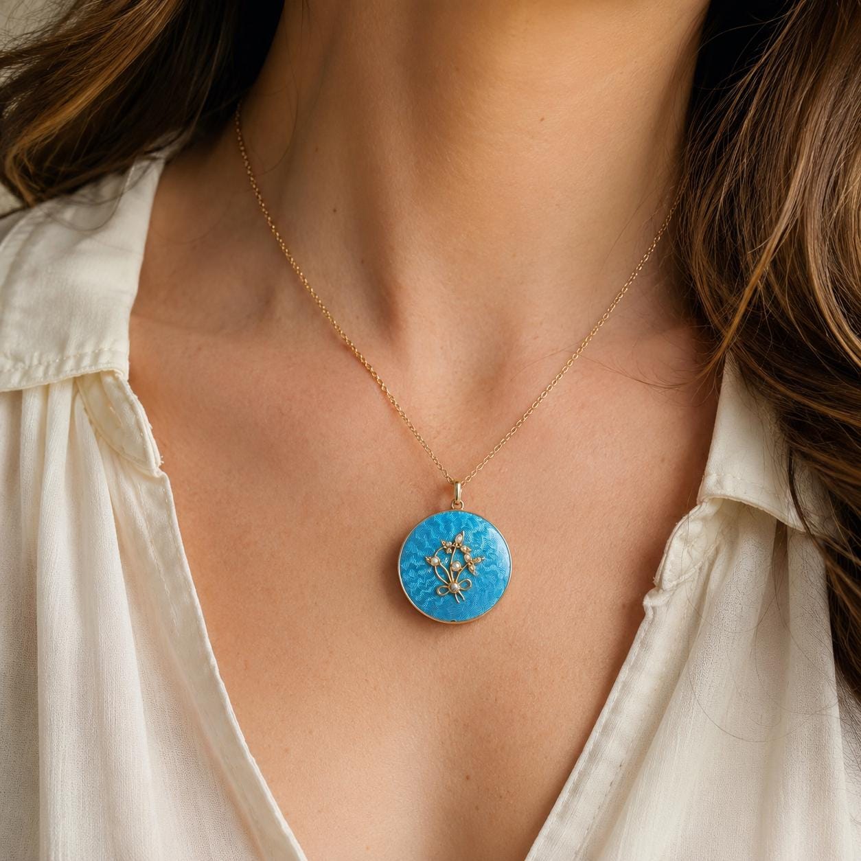 Antique Edwardian 15ct Gold Blue Guilloché Enamel Picture Locket with Seed Pearls, Optional Chain
