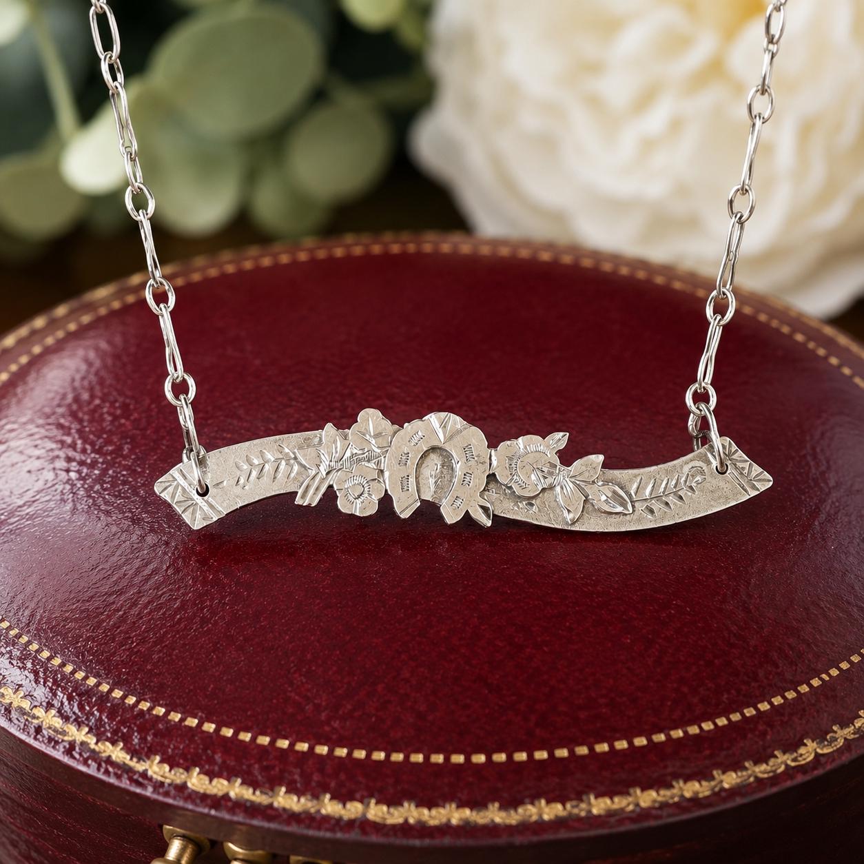 Antique Victorian Sterling Silver Horizontal Bar Necklace, Horseshoe, Ivy, Roses, Birmingham 1898