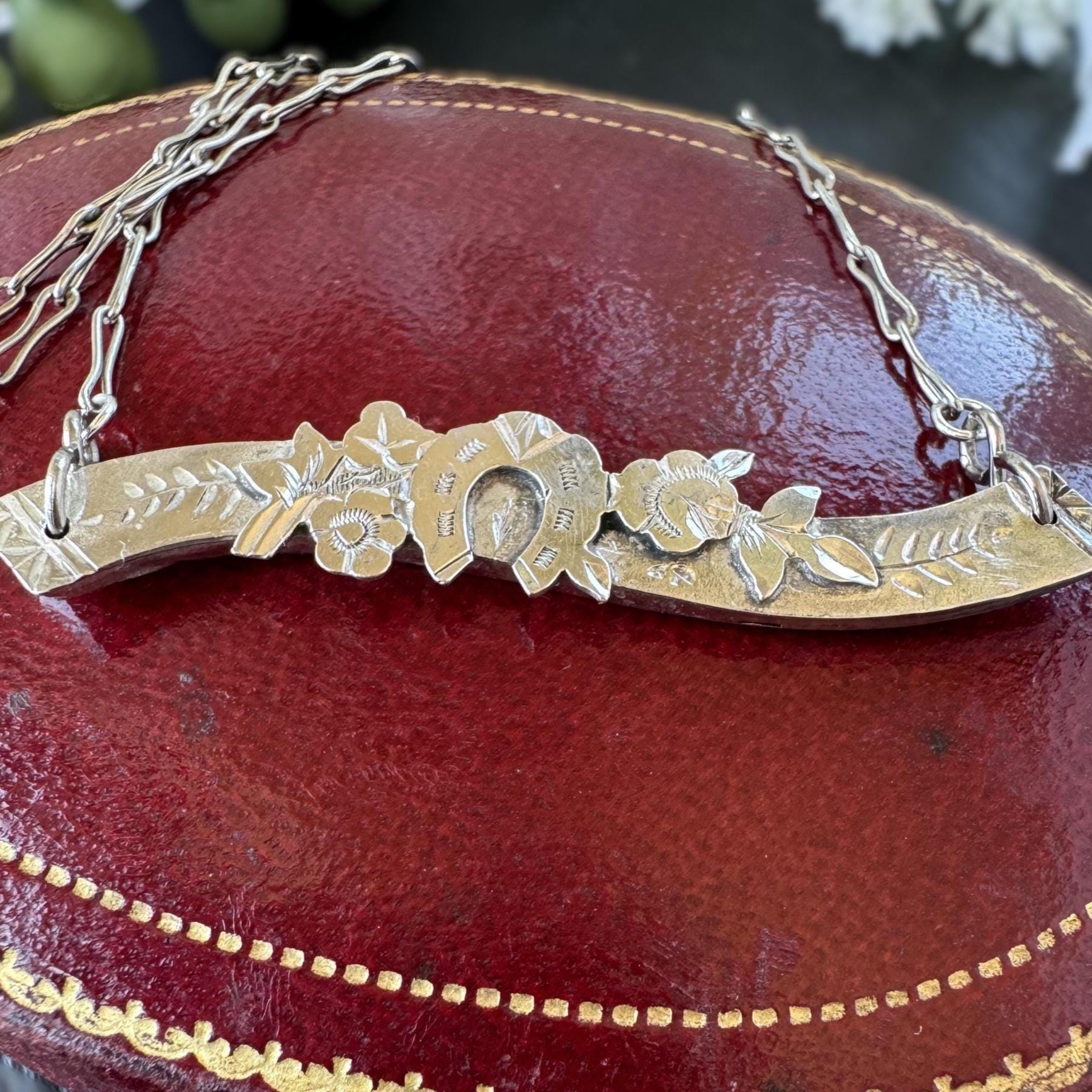 Antique Victorian Sterling Silver Horizontal Bar Necklace, Horseshoe, Ivy, Roses, Birmingham 1898