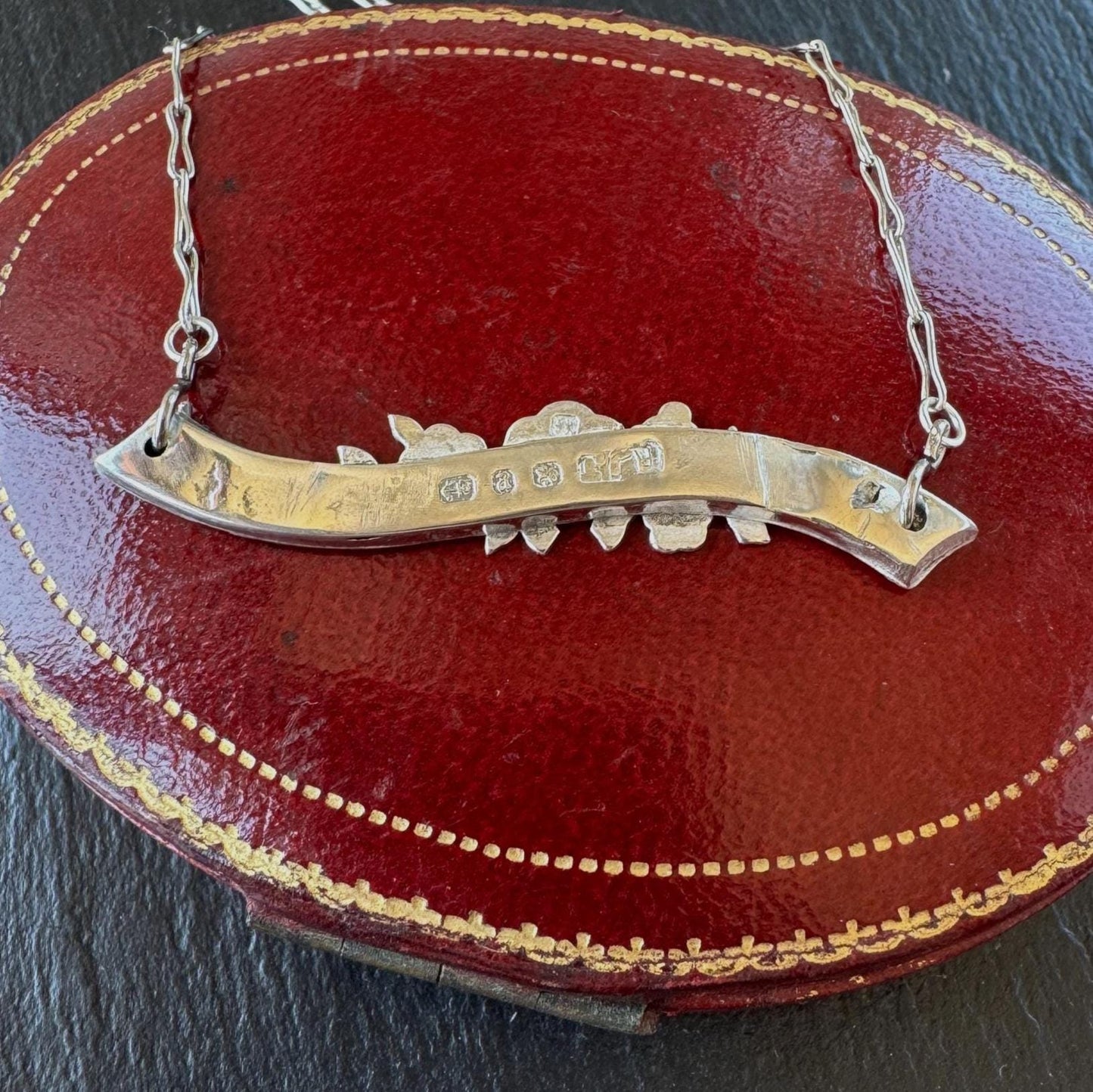 Antique Victorian Sterling Silver Horizontal Bar Necklace, Horseshoe, Ivy, Roses, Birmingham 1898