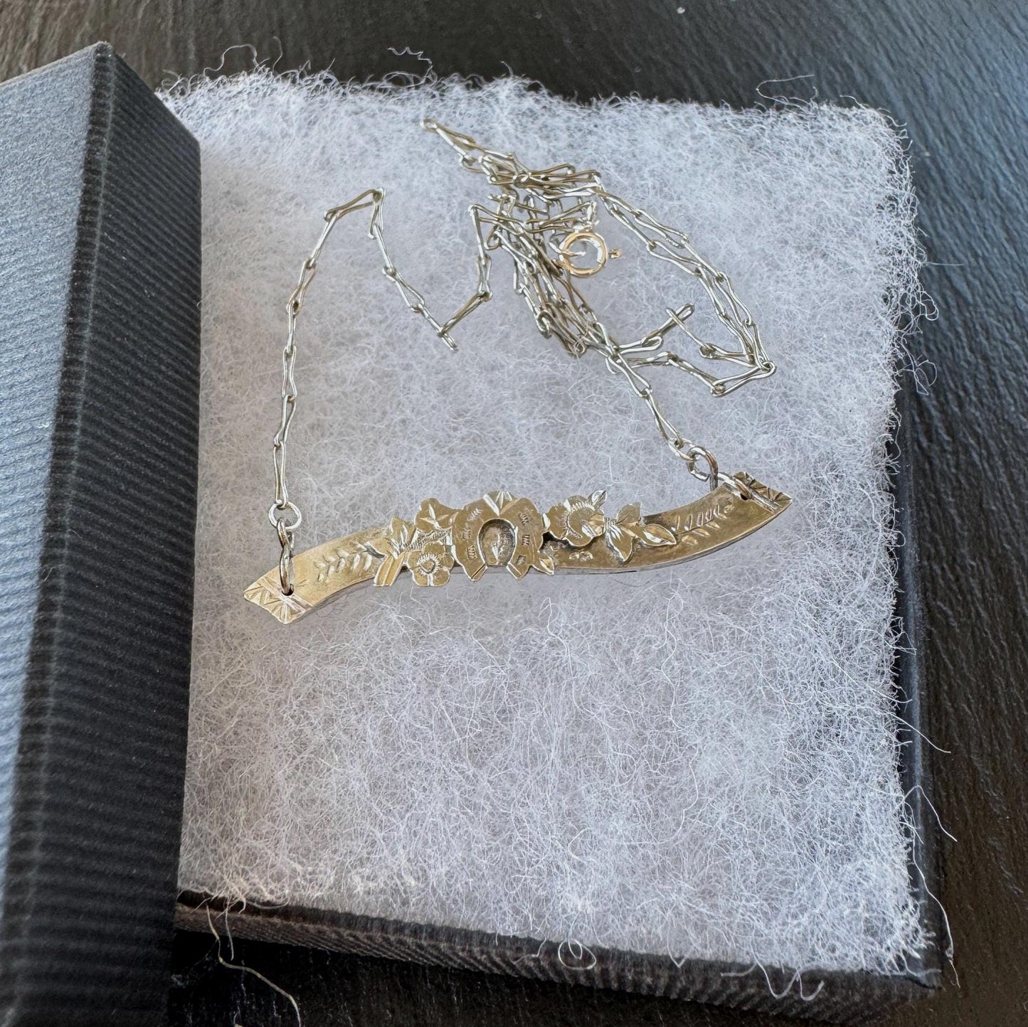Antique Victorian Sterling Silver Horizontal Bar Necklace, Horseshoe, Ivy, Roses, Birmingham 1898