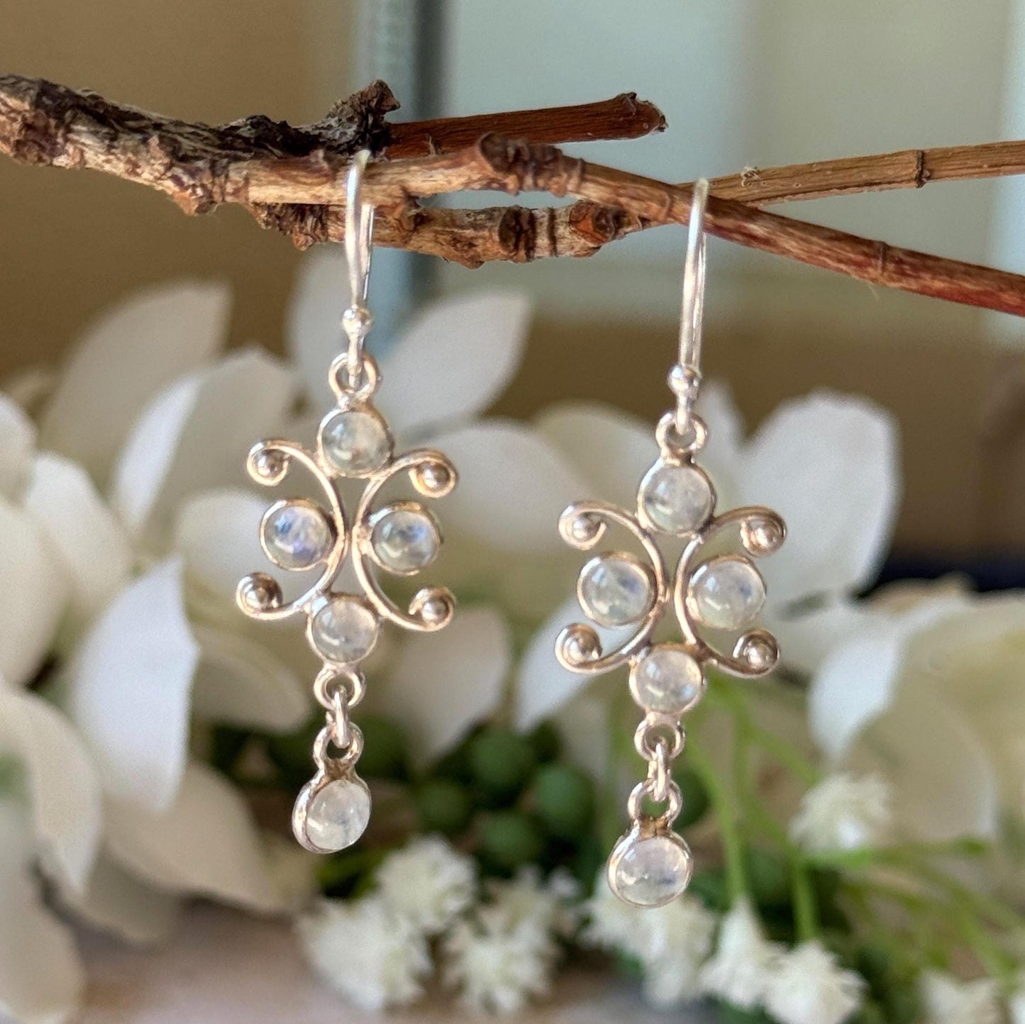 Vintage Sterling Silver Moonstone Drop Hook Earrings