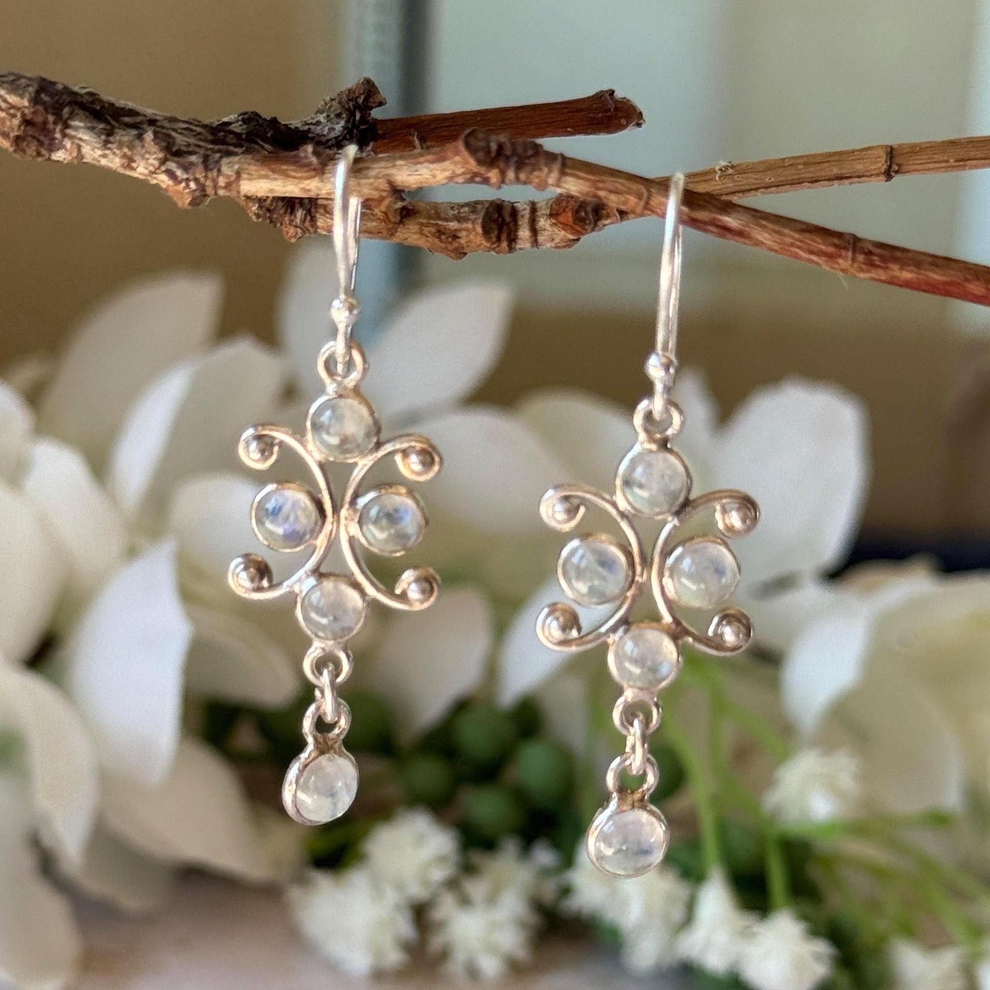 Vintage Sterling Silver Moonstone Drop Hook Earrings
