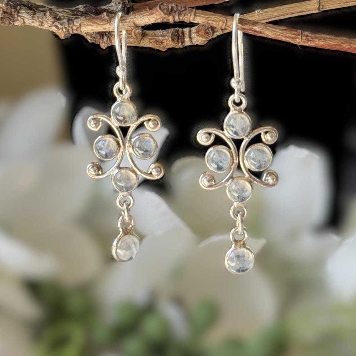 Vintage Sterling Silver Moonstone Drop Hook Earrings