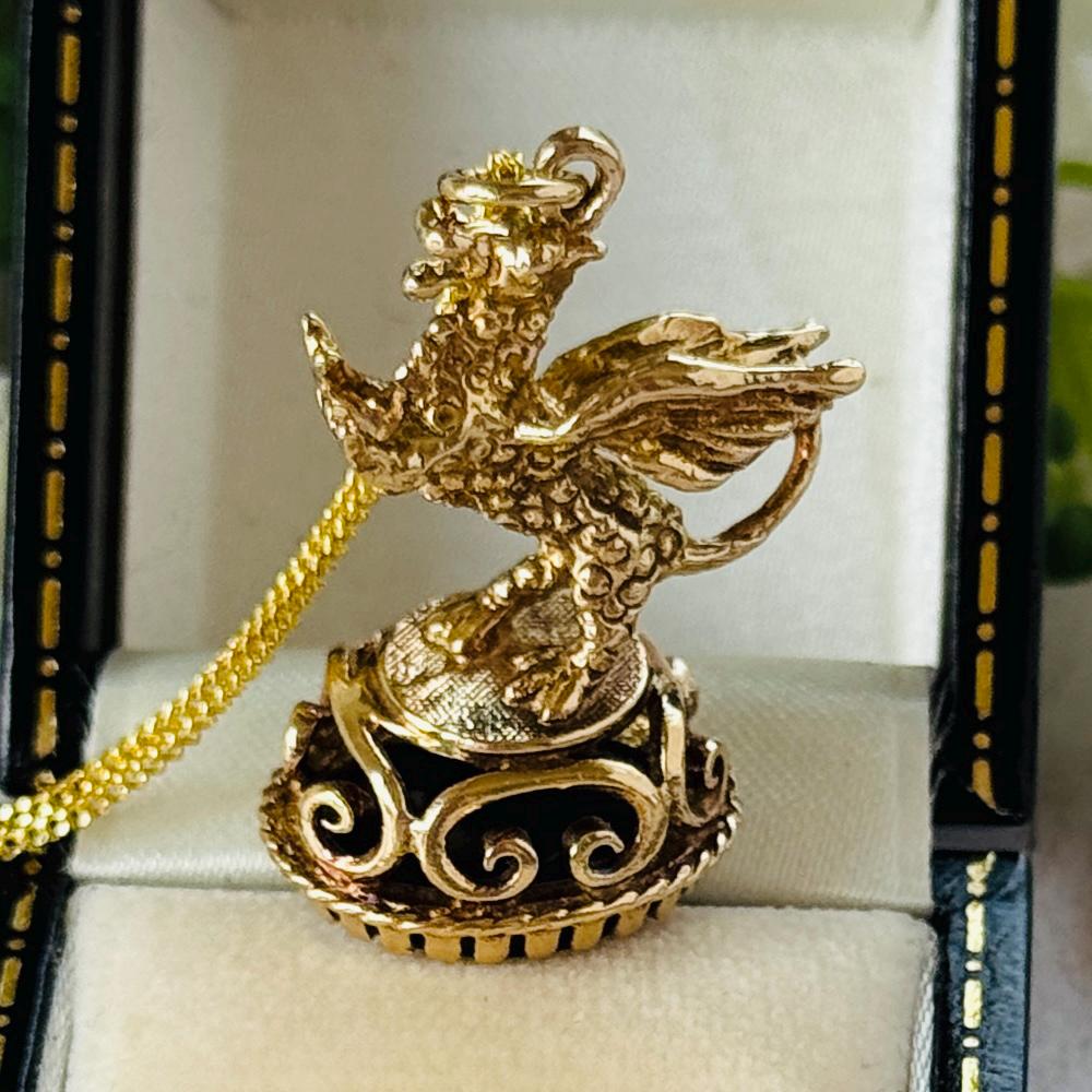 Vintage 9ct Gold Dragon Fob Seal Pendant With Black Onyx, London 1976. Large Gothic Charm