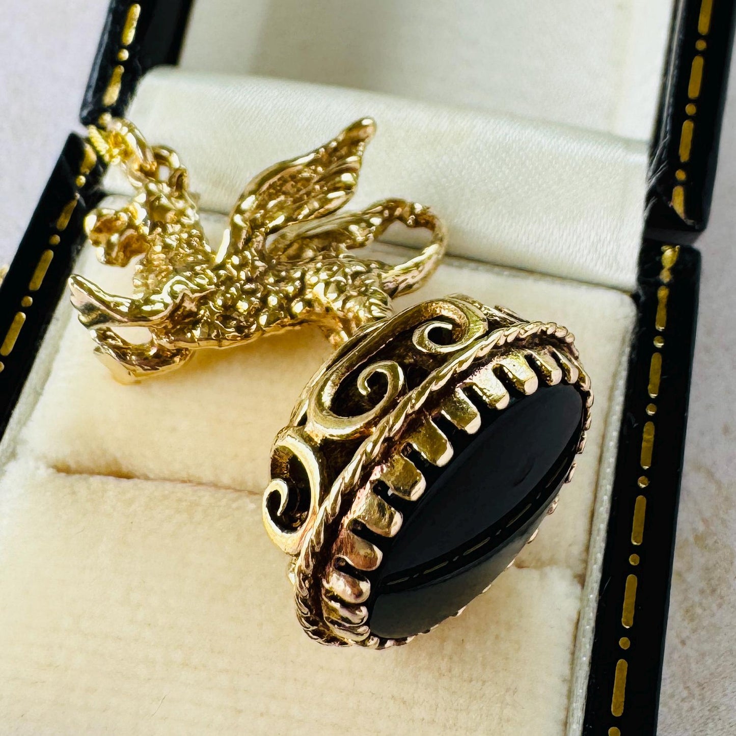 Vintage 9ct Gold Dragon Fob Seal Pendant With Black Onyx, London 1976. Large Gothic Charm