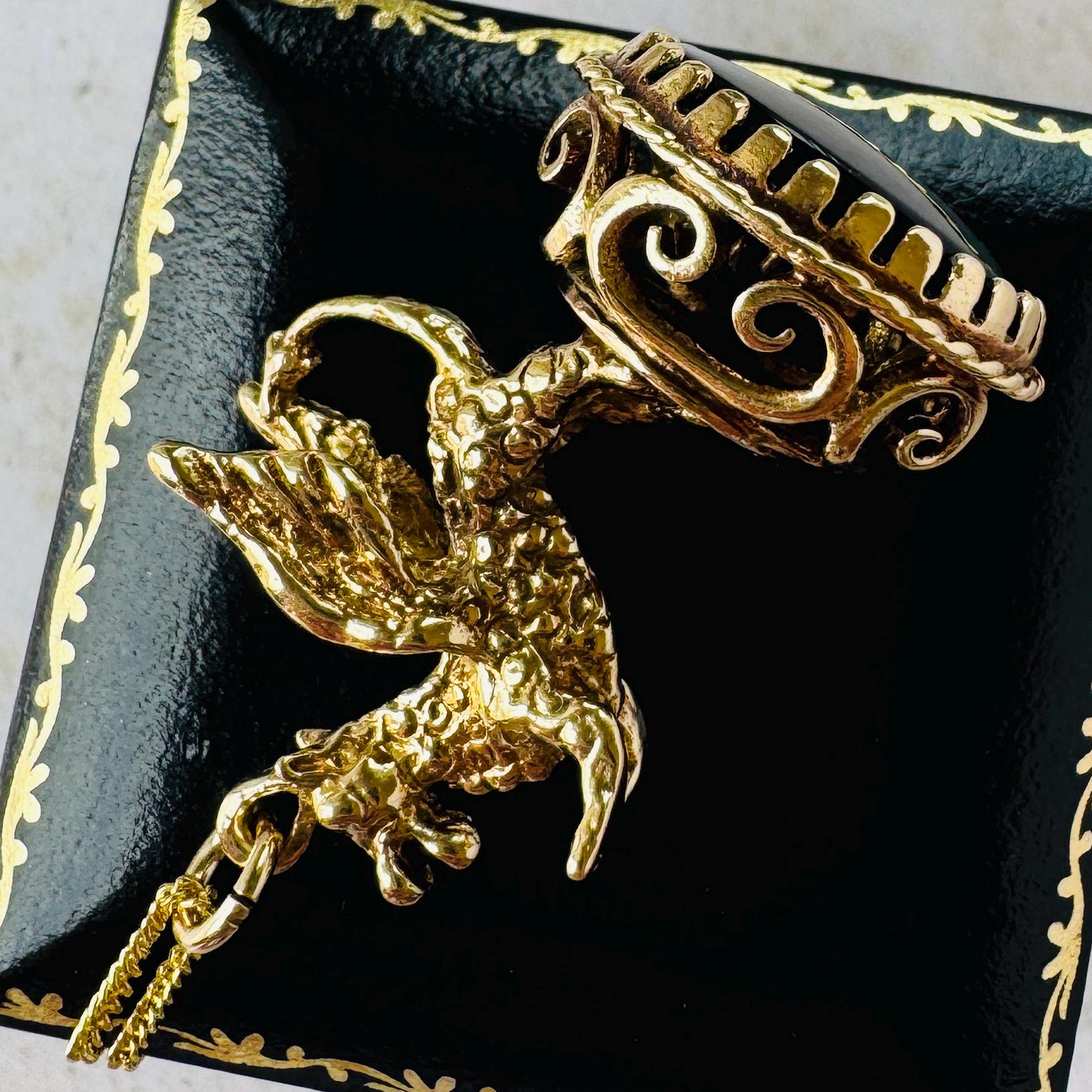 Vintage 9ct Gold Dragon Fob Seal Pendant With Black Onyx, London 1976. Large Gothic Charm