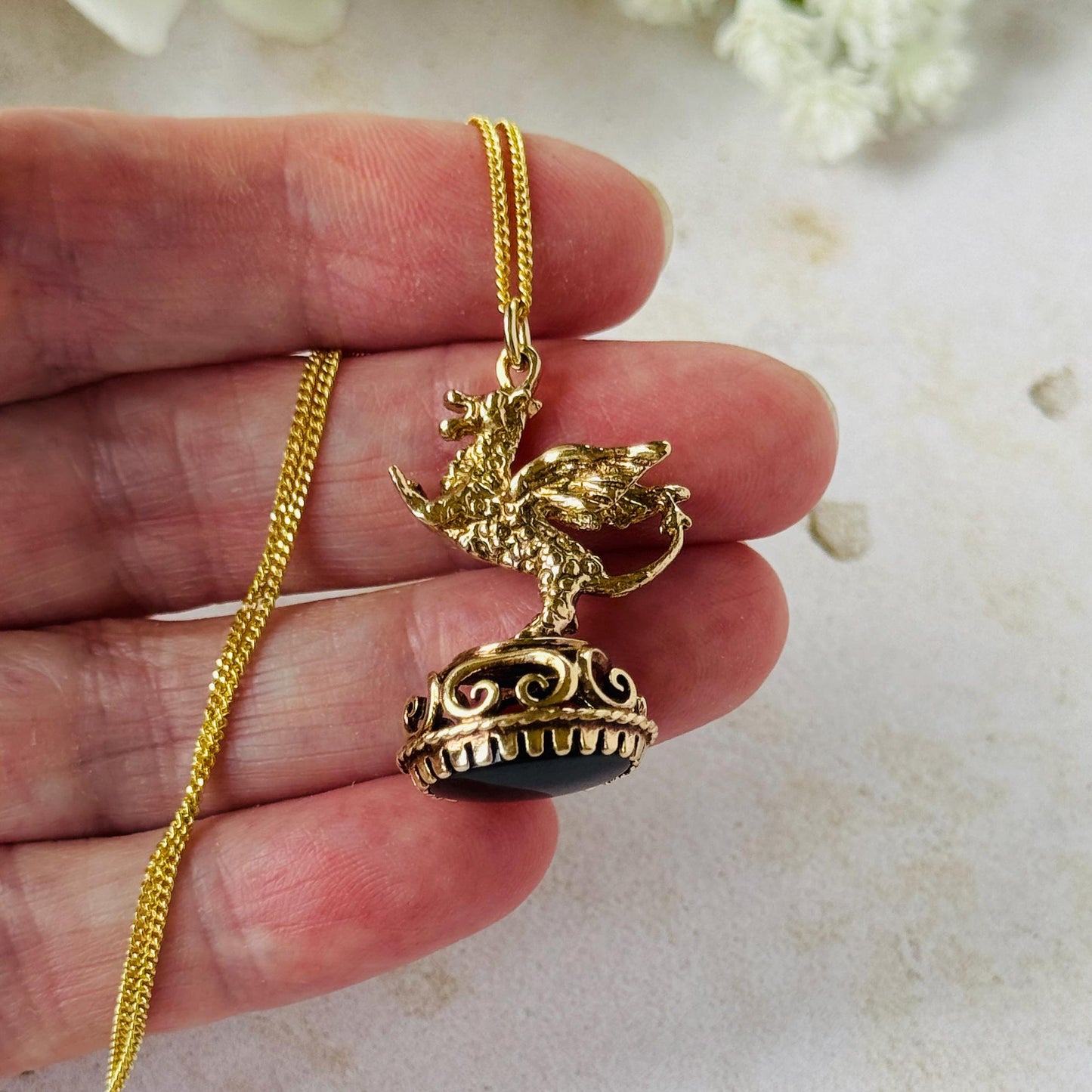 Vintage 9ct Gold Dragon Fob Seal Pendant With Black Onyx, London 1976. Large Gothic Charm