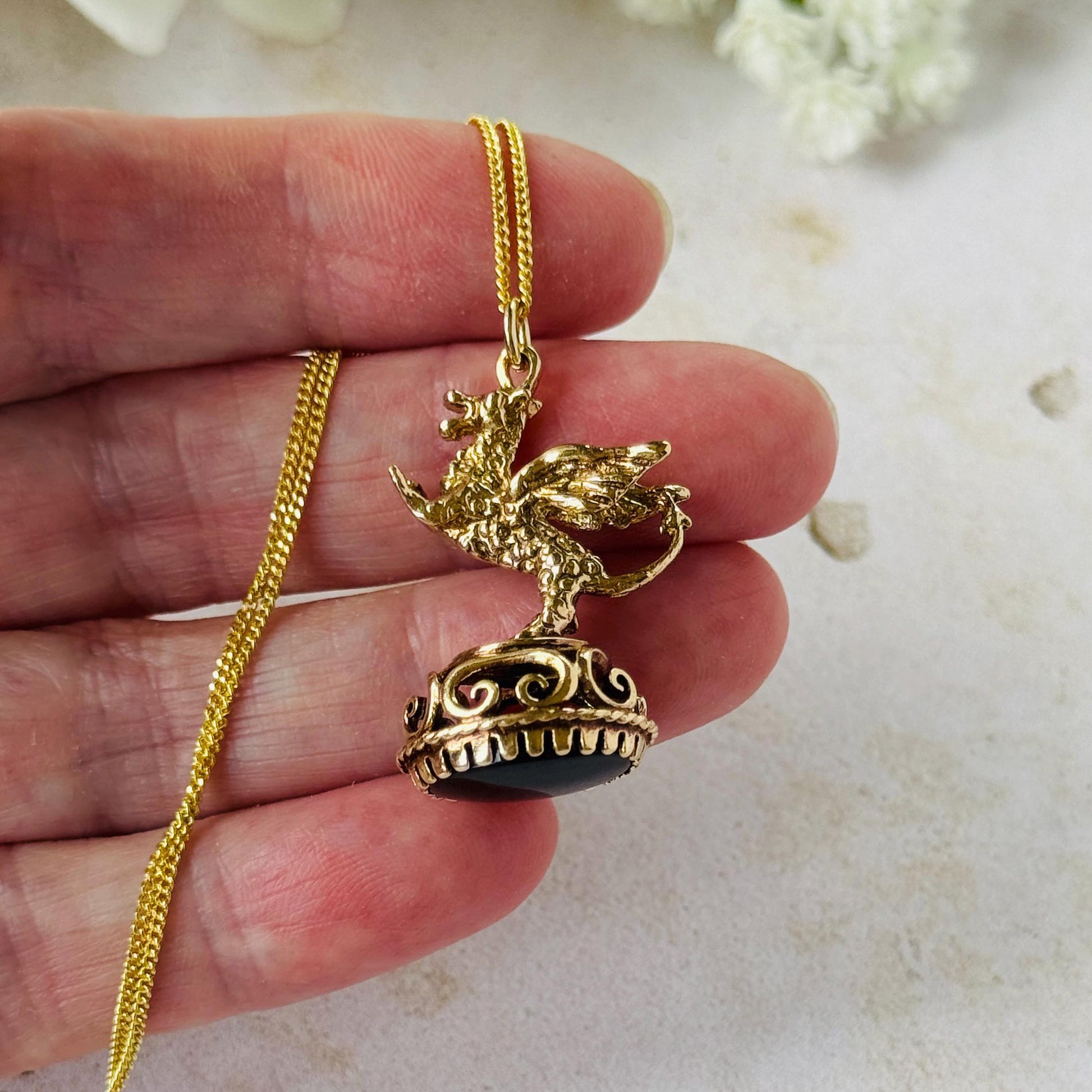 Vintage 9ct Gold Dragon Fob Seal Pendant With Black Onyx, London 1976. Large Gothic Charm