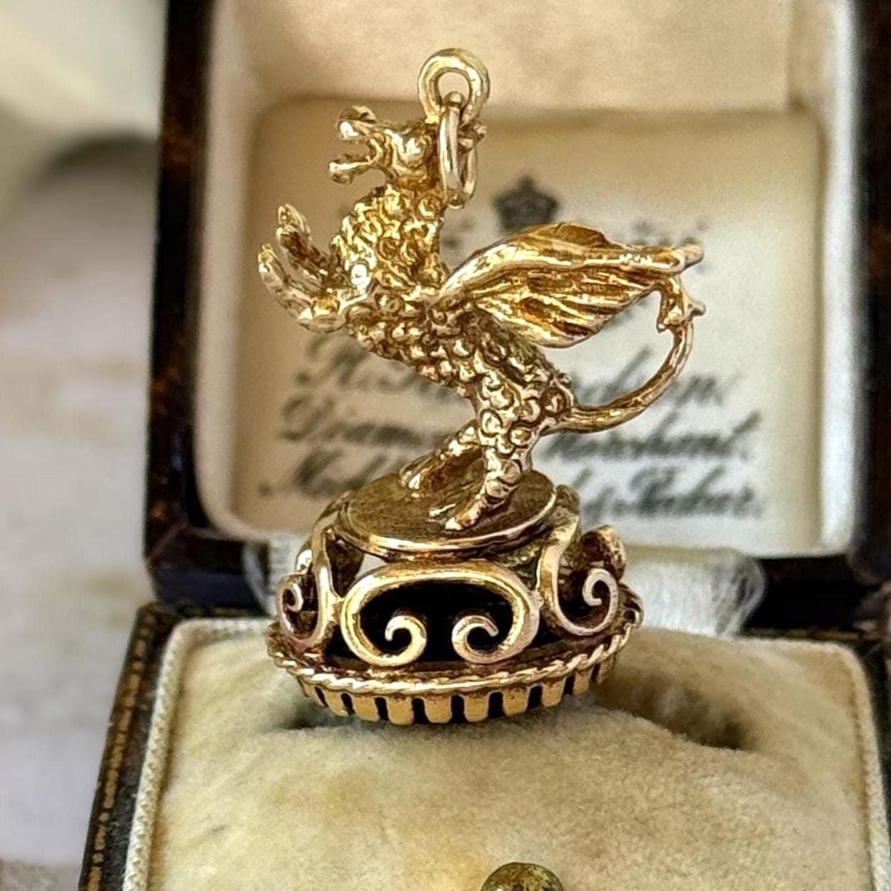 Vintage 9ct Gold Dragon Fob Seal Pendant With Black Onyx, London 1976. Large Gothic Charm