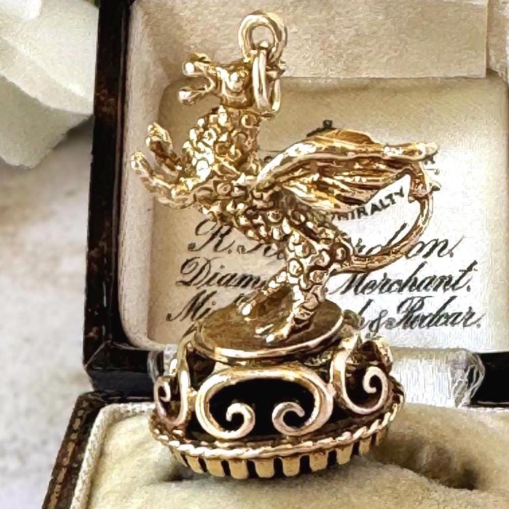 Vintage 9ct Gold Dragon Fob Seal Pendant With Black Onyx, London 1976. Large Gothic Charm