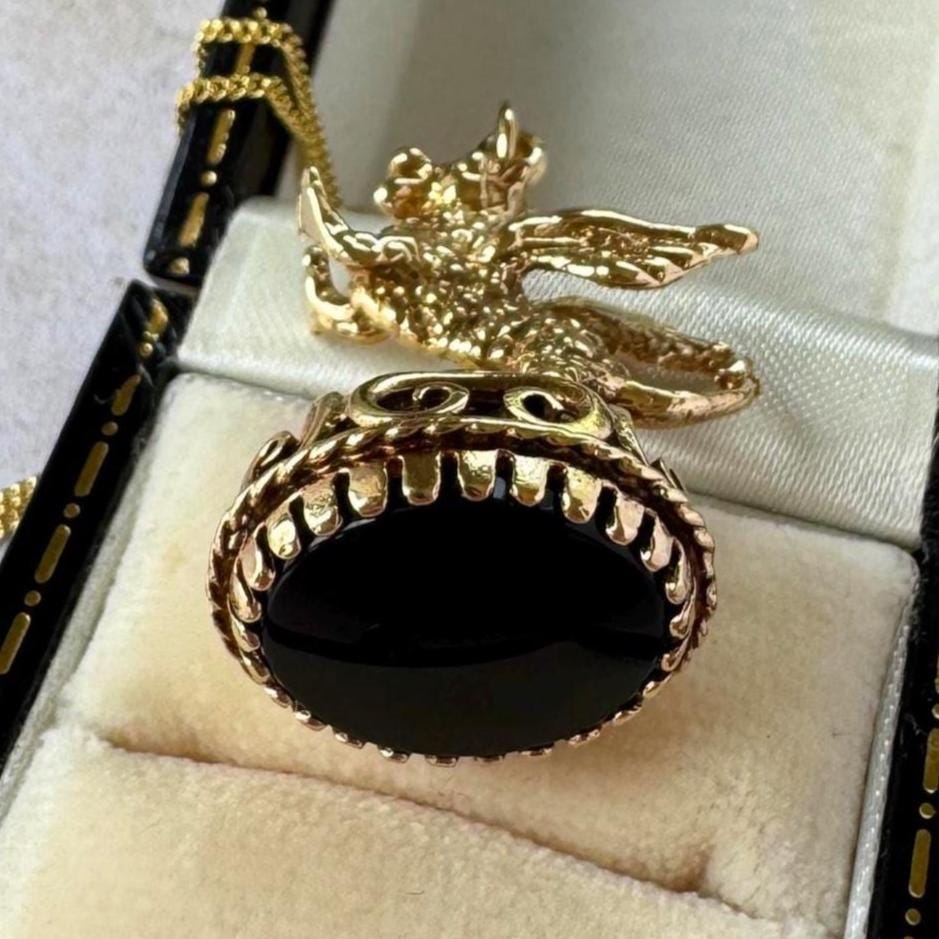 Vintage 9ct Gold Dragon Fob Seal Pendant With Black Onyx, London 1976. Large Gothic Charm