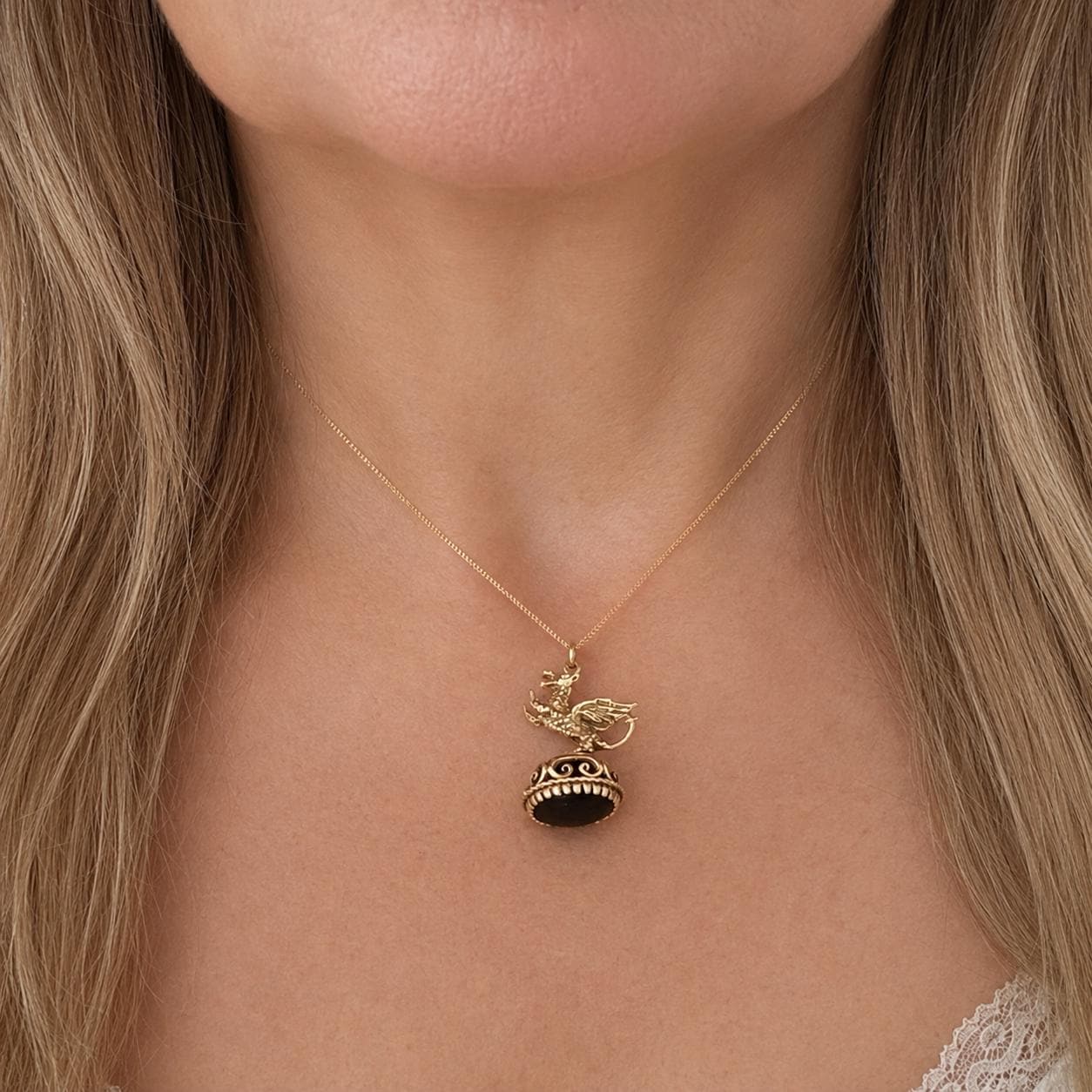 Vintage 9ct Gold Dragon Fob Seal Pendant With Black Onyx, London 1976. Large Gothic Charm