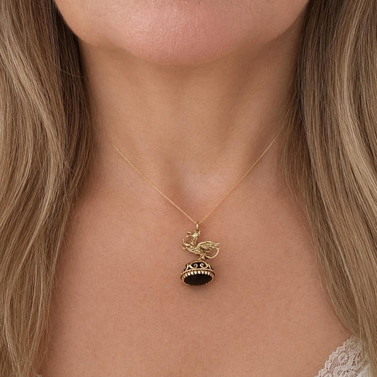 Vintage 9ct Gold Dragon Fob Seal Pendant With Black Onyx, London 1976. Large Gothic Charm
