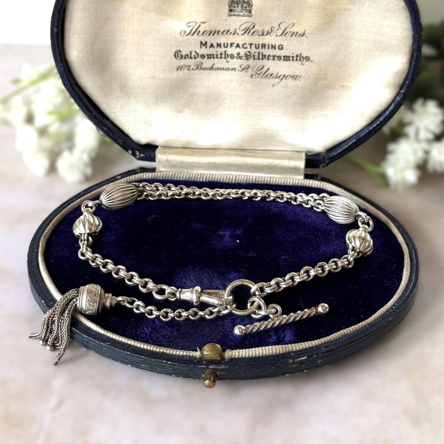 Antique Victorian Sterling Silver Albertina Watch Chain Bracelet With T-Bar, Dog-Clip & Tassel Charm