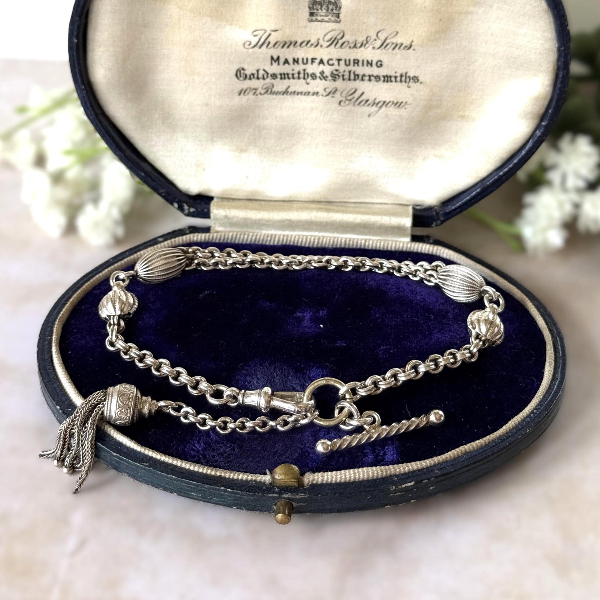 Antique Victorian Sterling Silver Albertina Watch Chain Bracelet With T-Bar, Dog-Clip & Tassel Charm