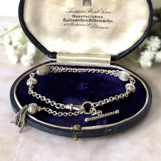 Antique Victorian Sterling Silver Albertina Watch Chain Bracelet With T-Bar, Dog-Clip & Tassel Charm