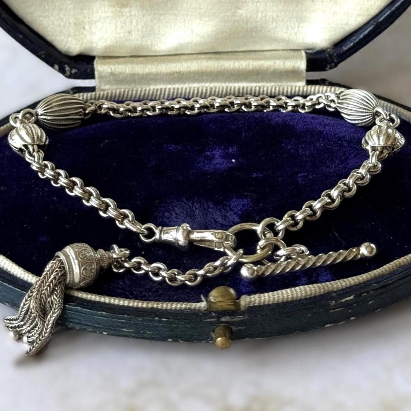 Antique Victorian Sterling Silver Albertina Watch Chain Bracelet With T-Bar, Dog-Clip & Tassel Charm