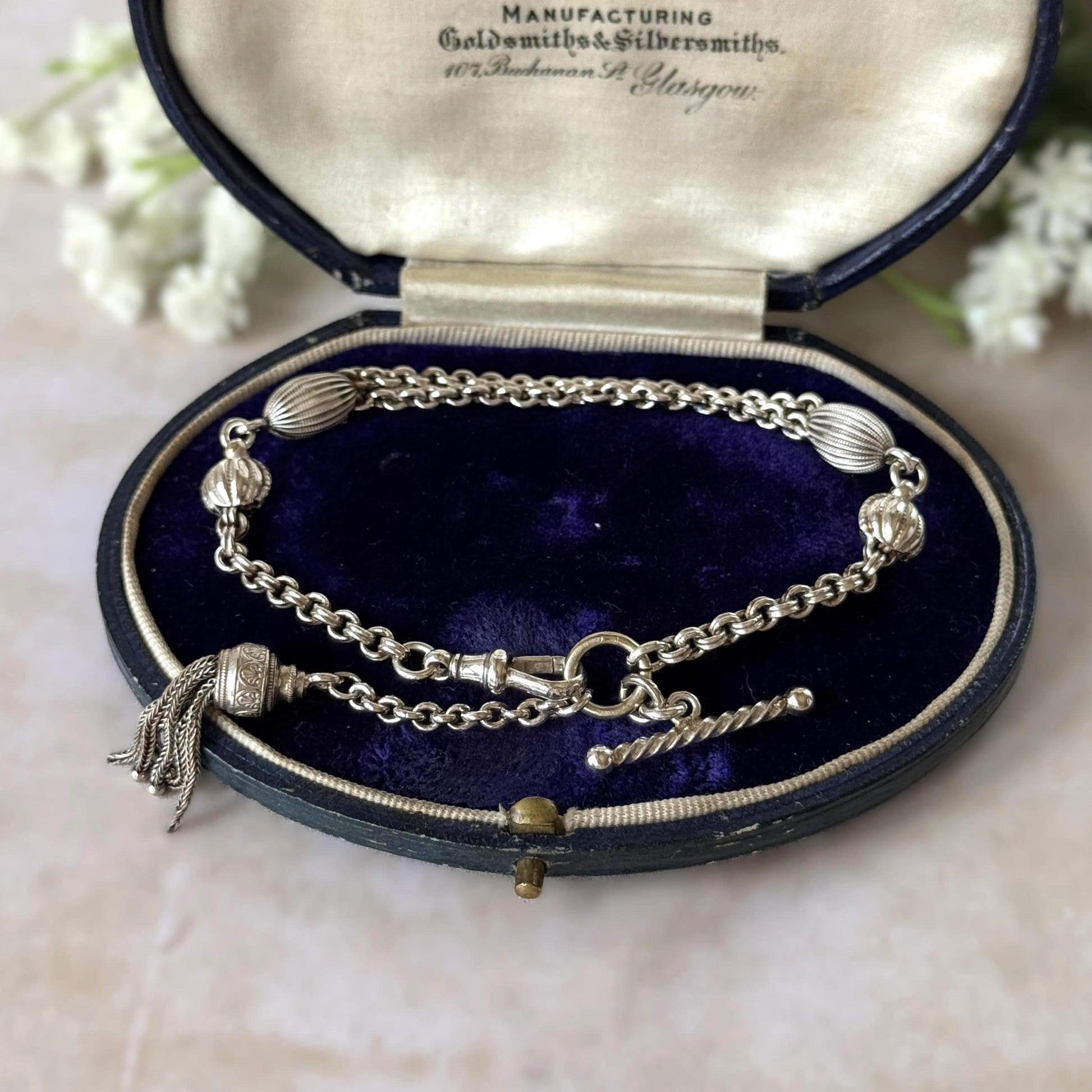 Antique Victorian Sterling Silver Albertina Watch Chain Bracelet With T-Bar, Dog-Clip & Tassel Charm