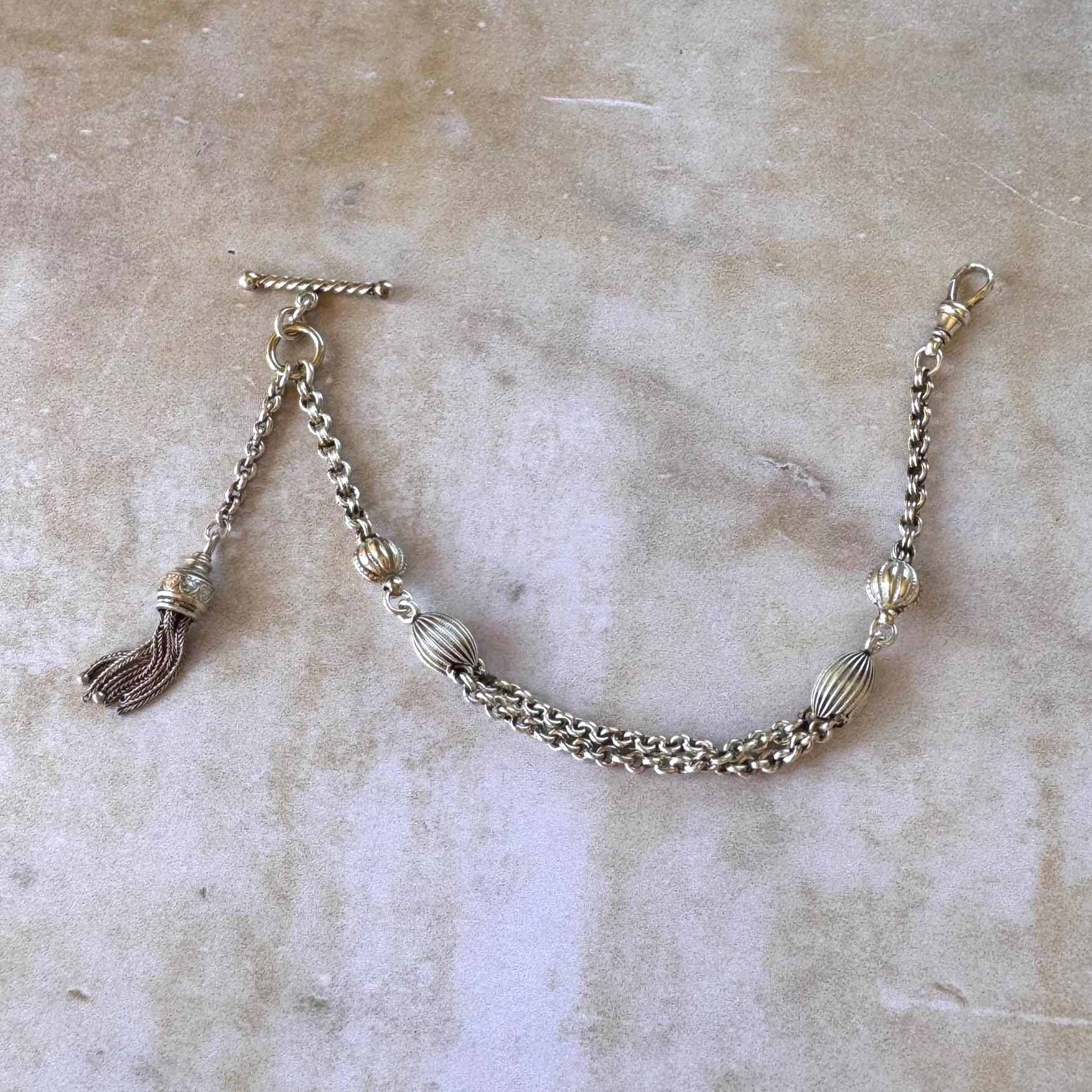 Antique Victorian Sterling Silver Albertina Watch Chain Bracelet With T-Bar, Dog-Clip & Tassel Charm