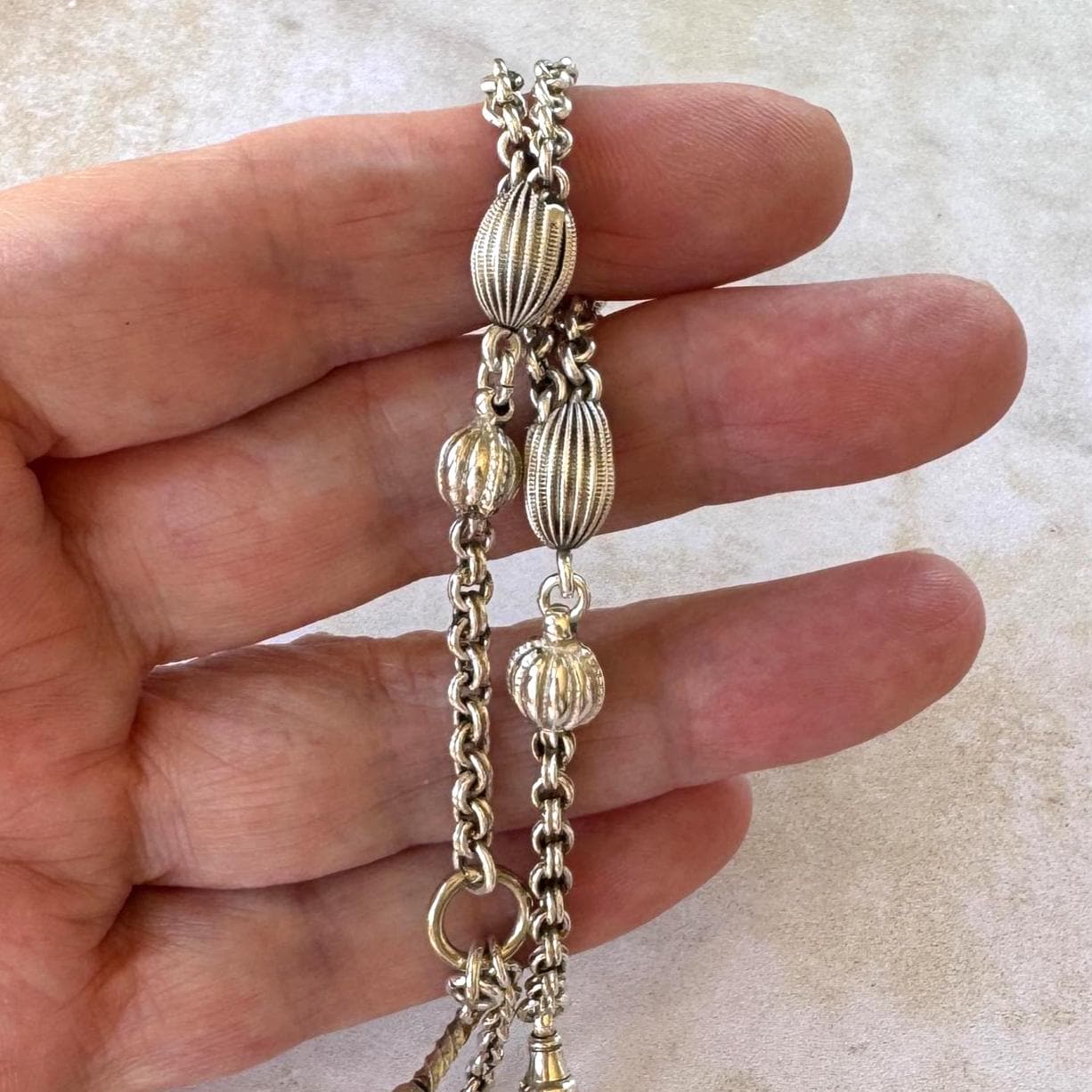 Antique Victorian Sterling Silver Albertina Watch Chain Bracelet With T-Bar, Dog-Clip & Tassel Charm