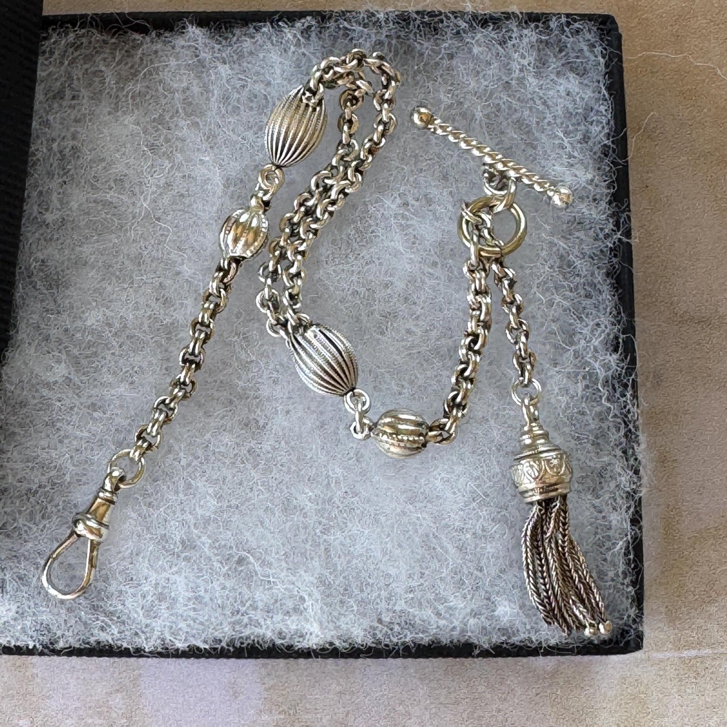 Antique Victorian Sterling Silver Albertina Watch Chain Bracelet With T-Bar, Dog-Clip & Tassel Charm