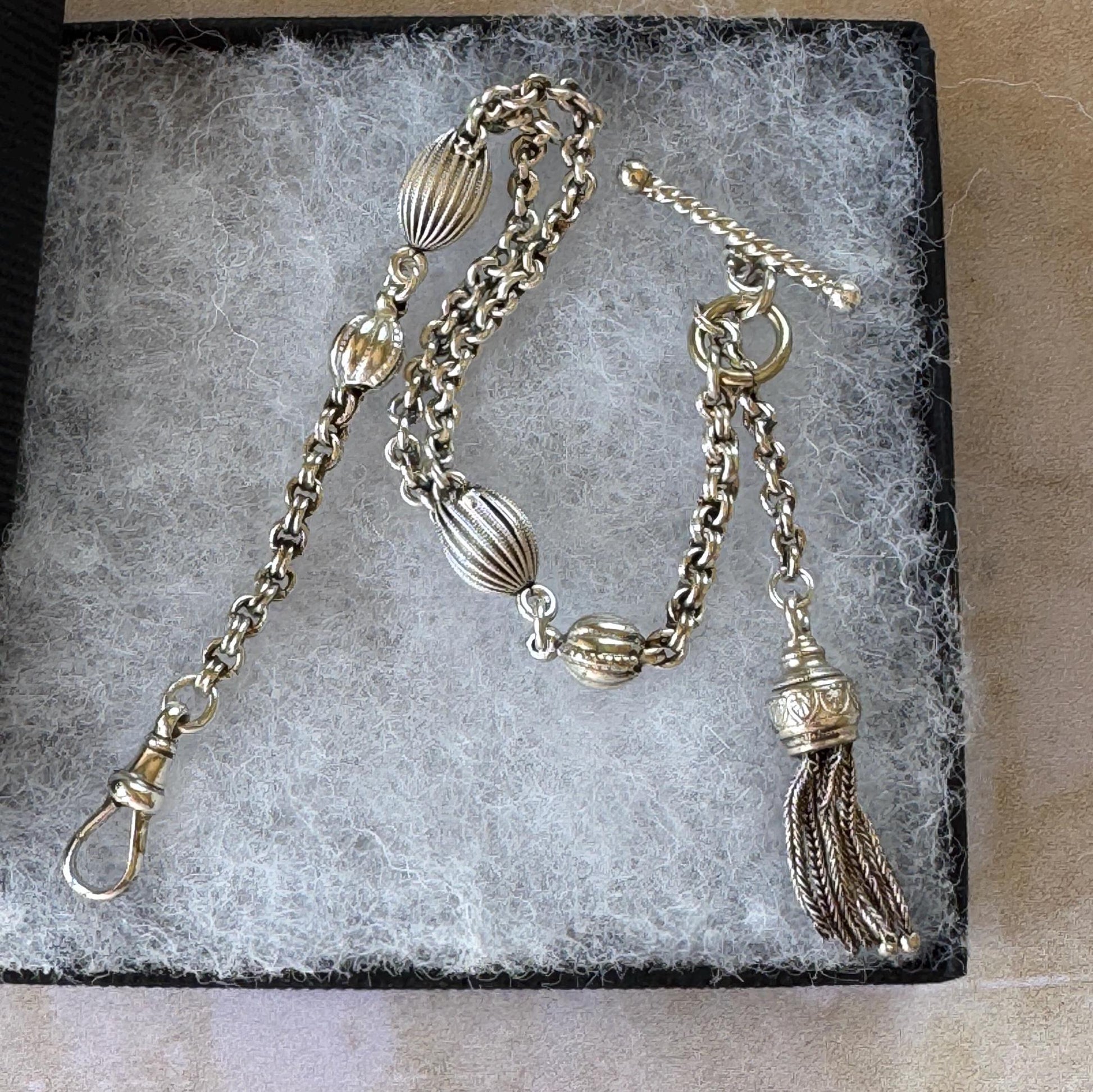 Antique Victorian Sterling Silver Albertina Watch Chain Bracelet With T-Bar, Dog-Clip & Tassel Charm