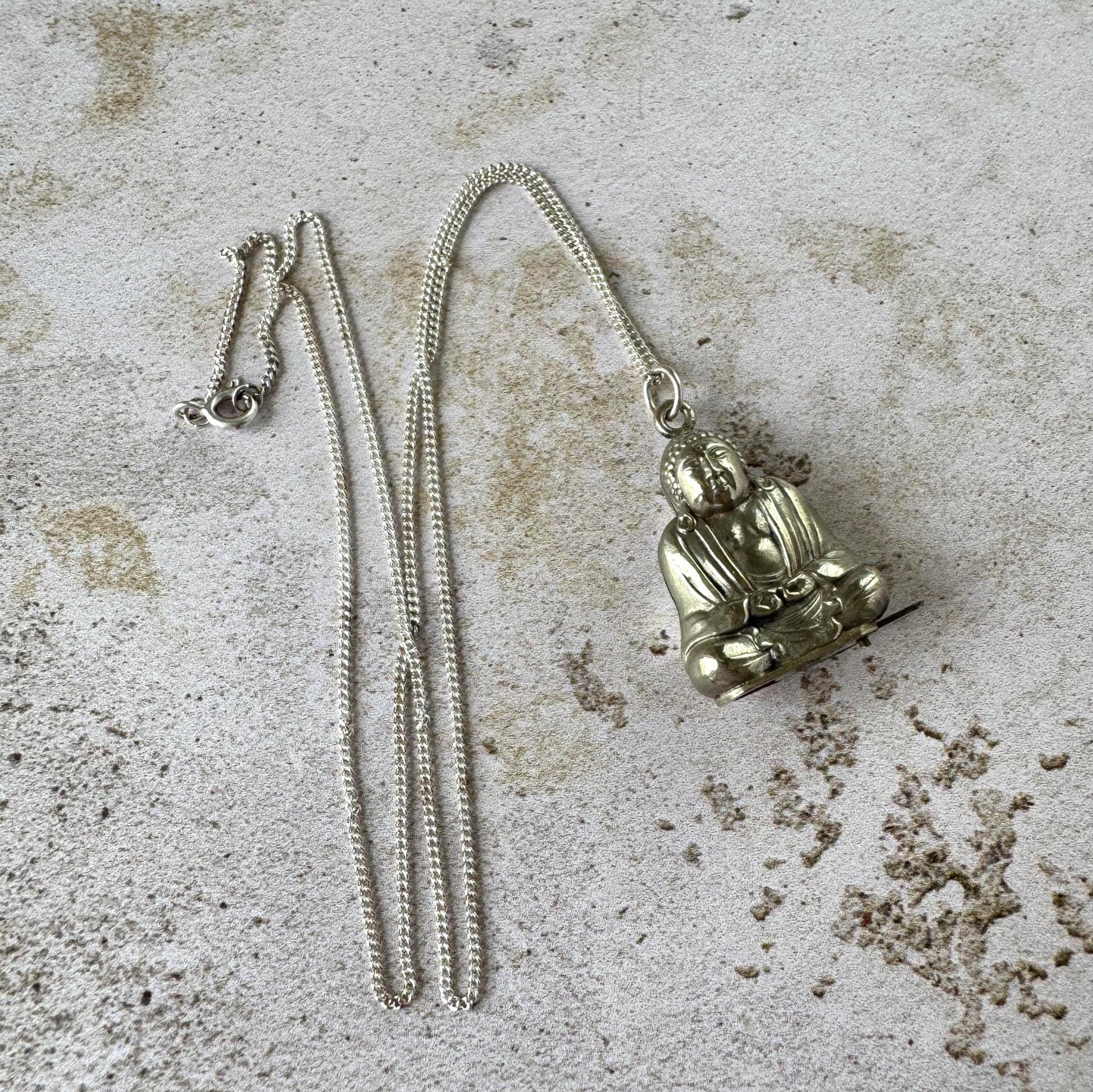 Vintage c.1930 Buddha Secret Compartment Pendant | Hidden Sliding Base | Sterling Silver Chain