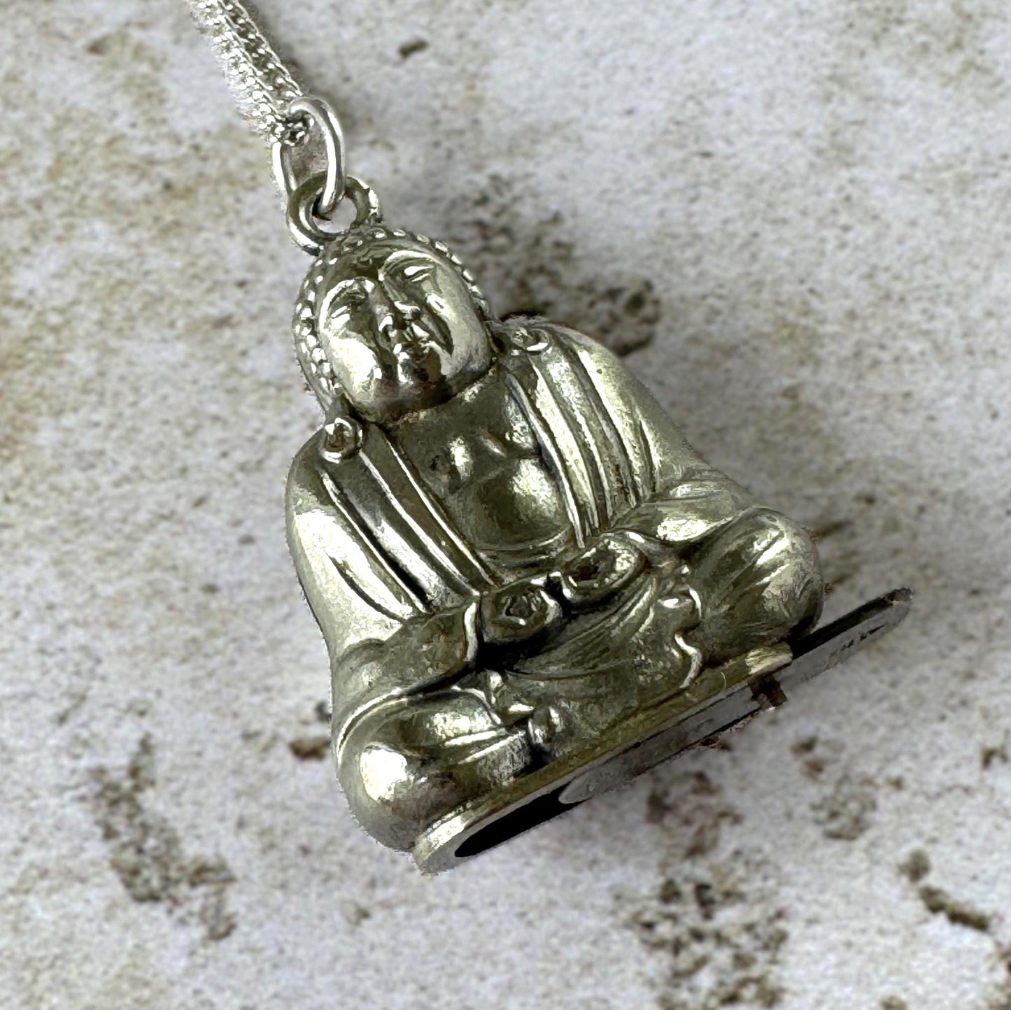 Vintage c.1930 Buddha Secret Compartment Pendant | Hidden Sliding Base | Sterling Silver Chain