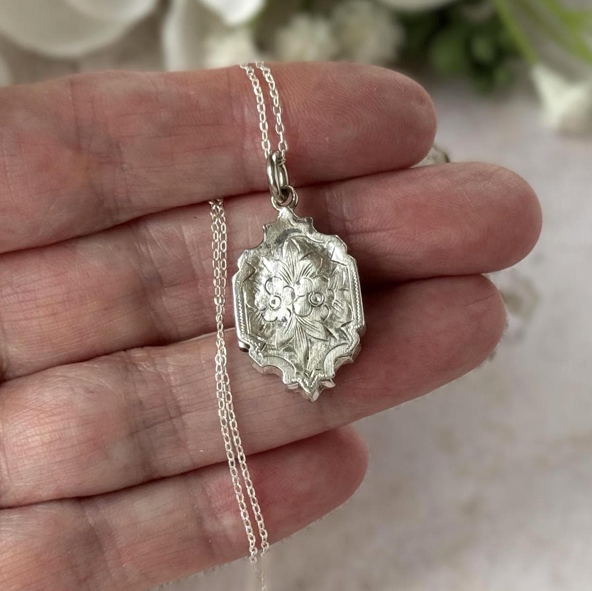 Antique Victorian Sterling Silver Locket Necklace, Engraved Double Sided Photo Breloque Charm