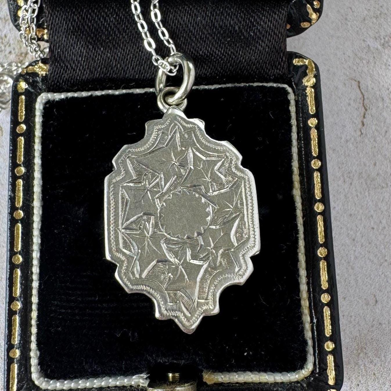 Antique Victorian Sterling Silver Locket Necklace, Engraved Double Sided Photo Breloque Charm