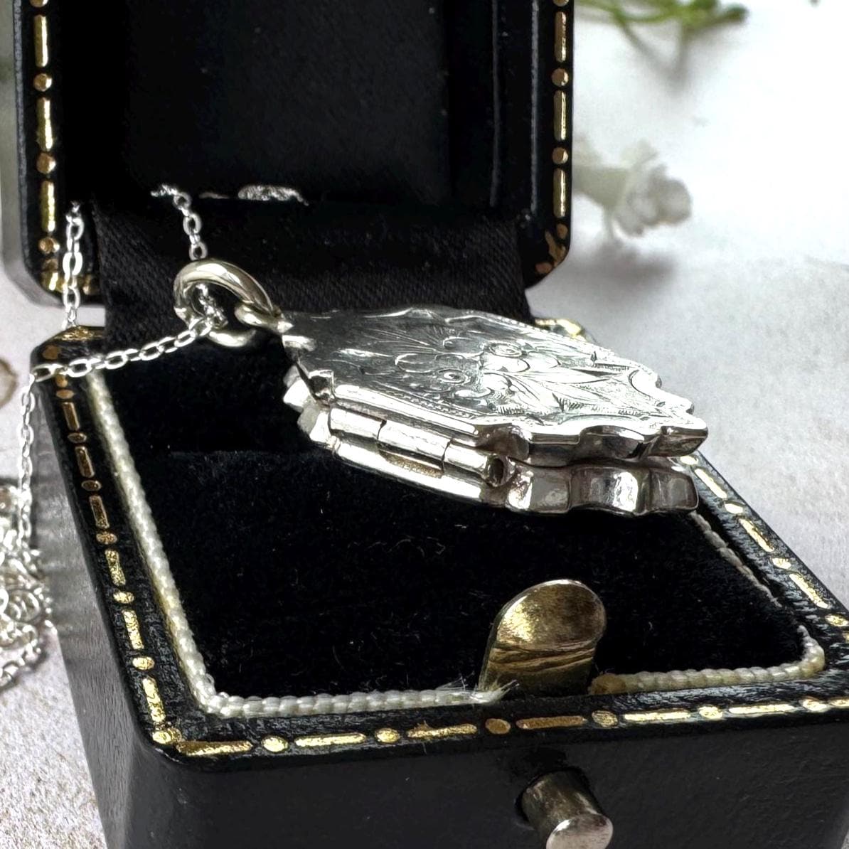 Antique Victorian Sterling Silver Locket Necklace, Engraved Double Sided Photo Breloque Charm