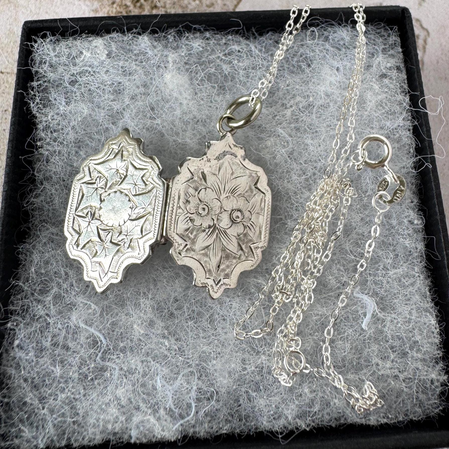 Antique Victorian Sterling Silver Locket Necklace, Engraved Double Sided Photo Breloque Charm