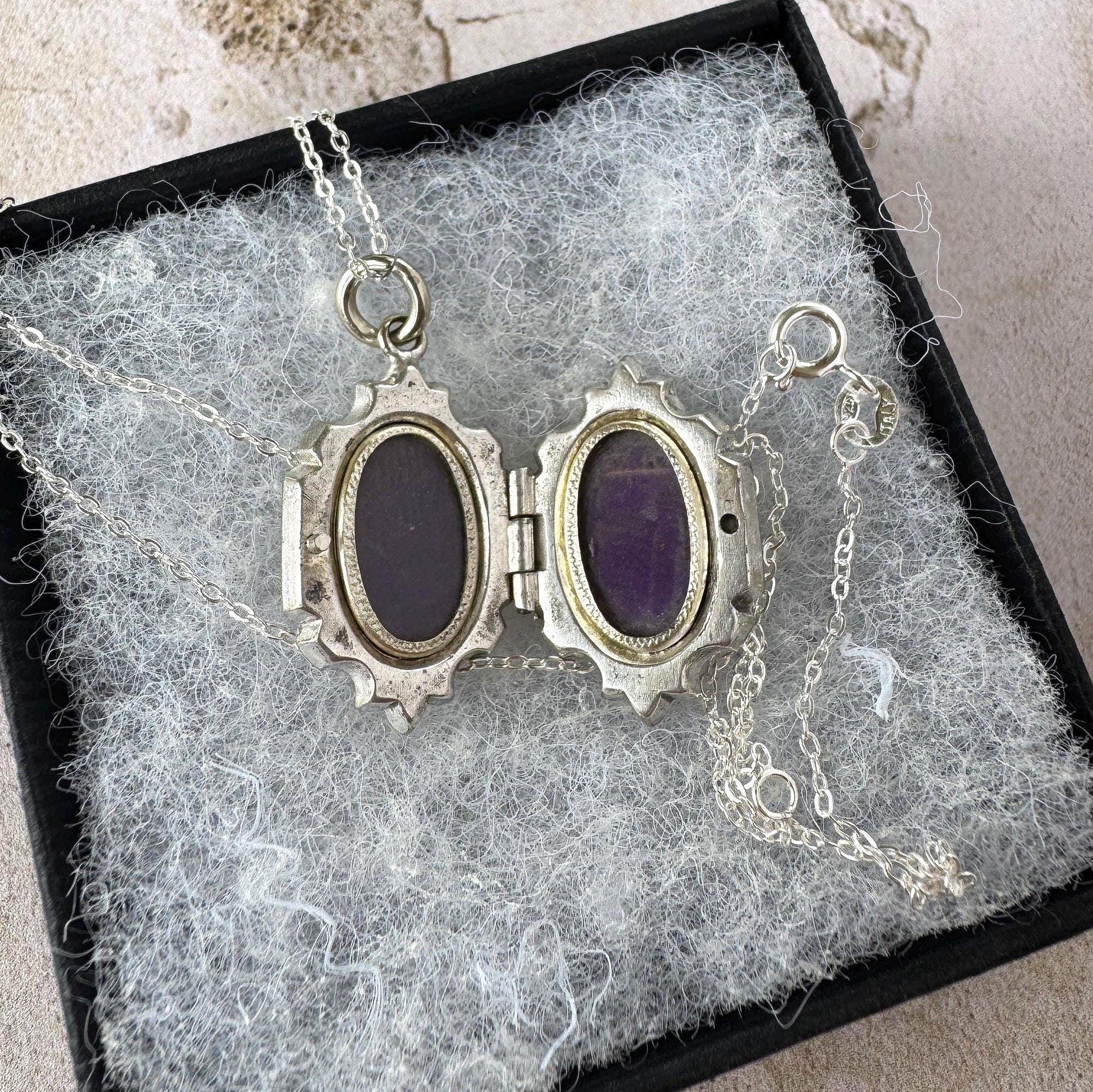 Antique Victorian Sterling Silver Locket Necklace, Engraved Double Sided Photo Breloque Charm