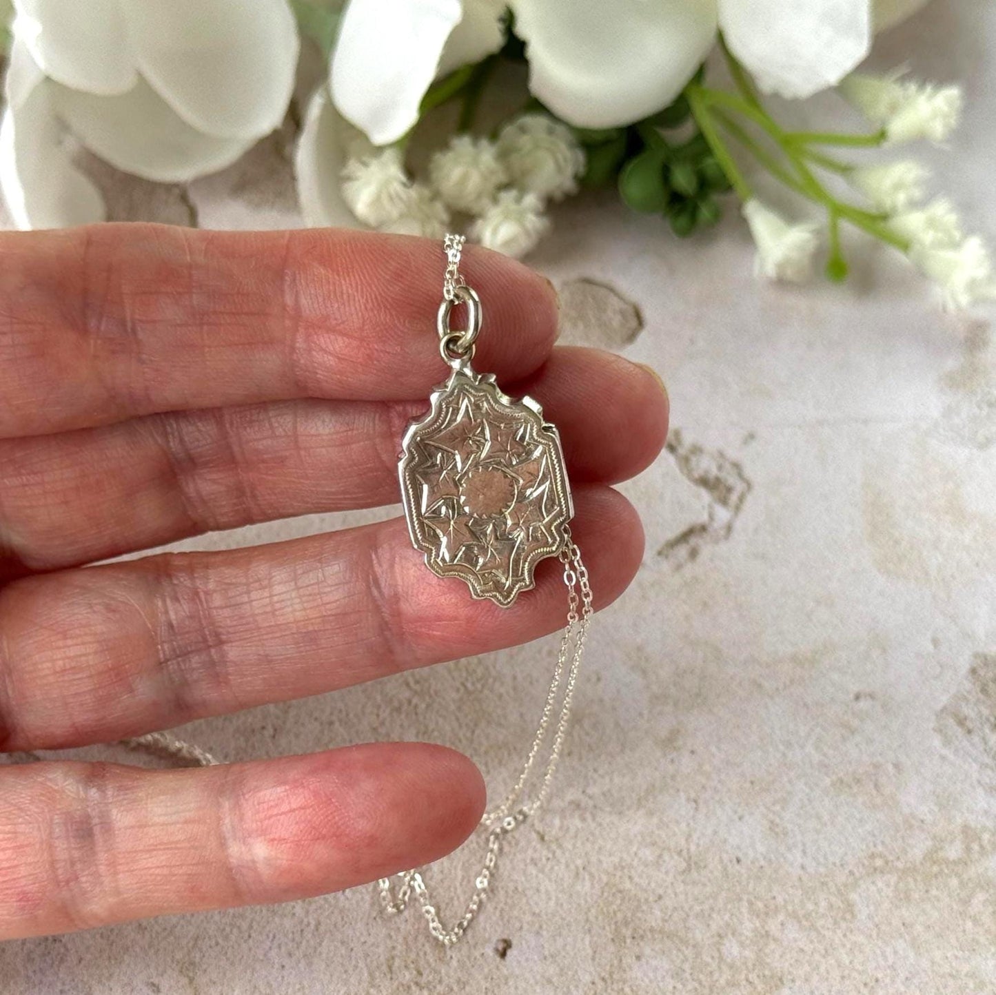 Antique Victorian Sterling Silver Locket Necklace, Engraved Double Sided Photo Breloque Charm