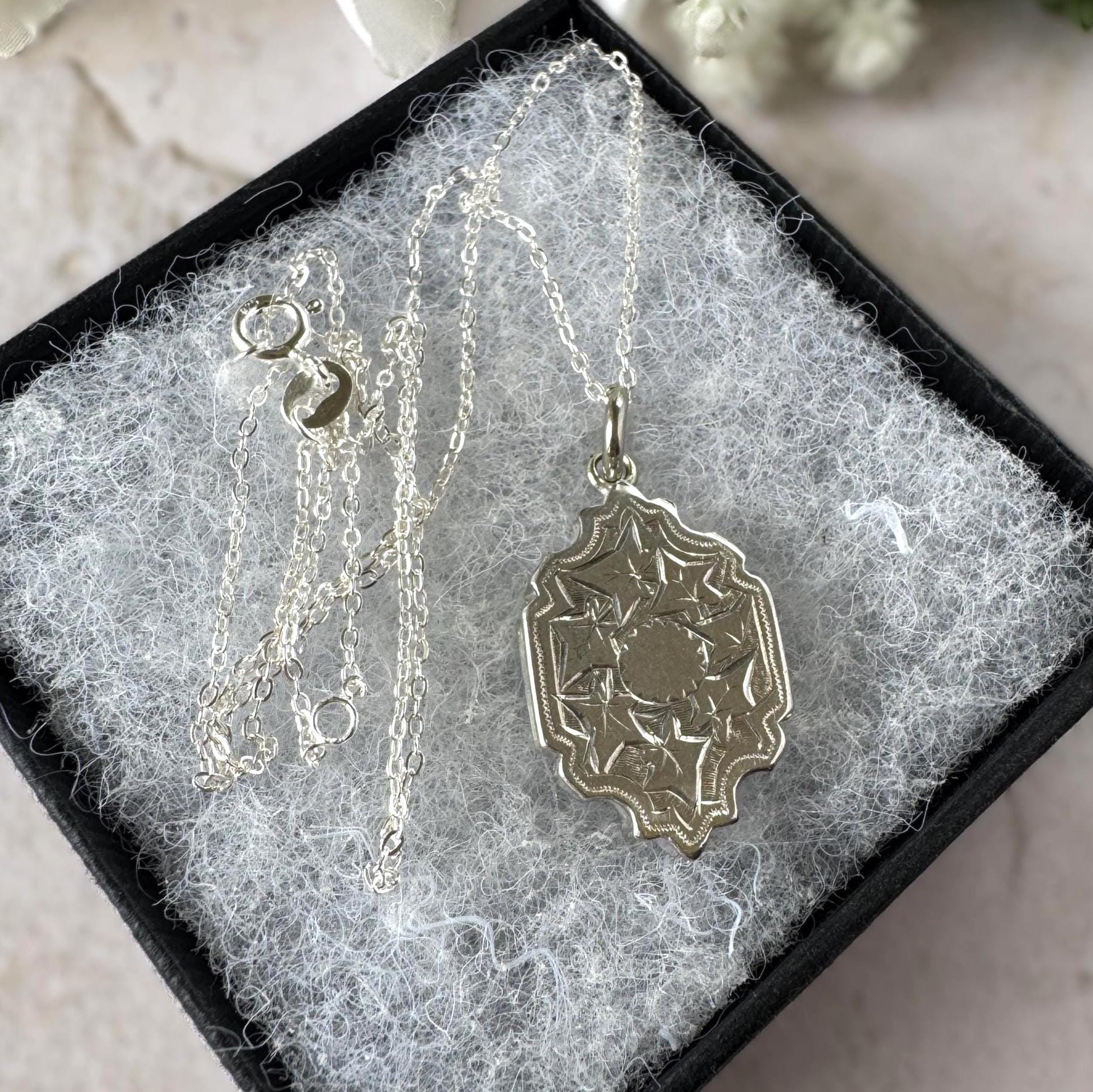Antique Victorian Sterling Silver Locket Necklace, Engraved Double Sided Photo Breloque Charm