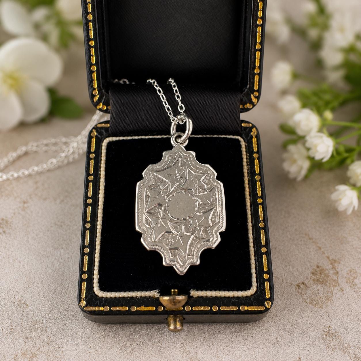 Antique Victorian Sterling Silver Locket Necklace, Engraved Double Sided Photo Breloque Charm
