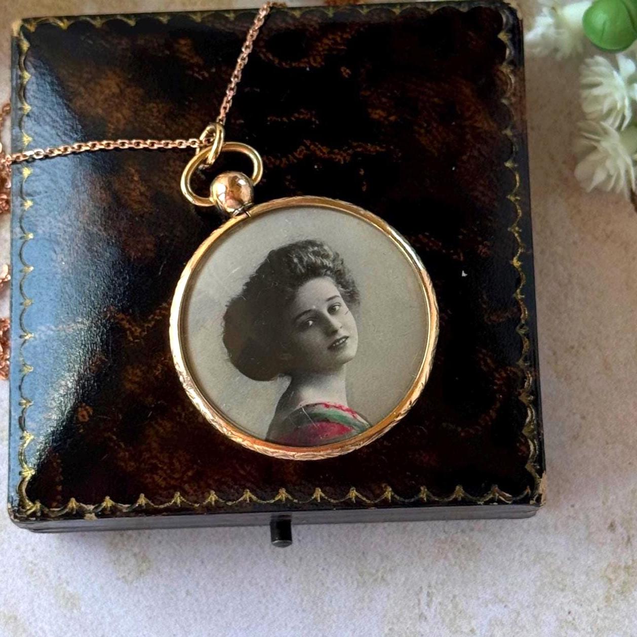 Antique Edwardian Rolled Gold Picture Pendant Necklace: Rare Original Hand Coloured Two Portrait Locket