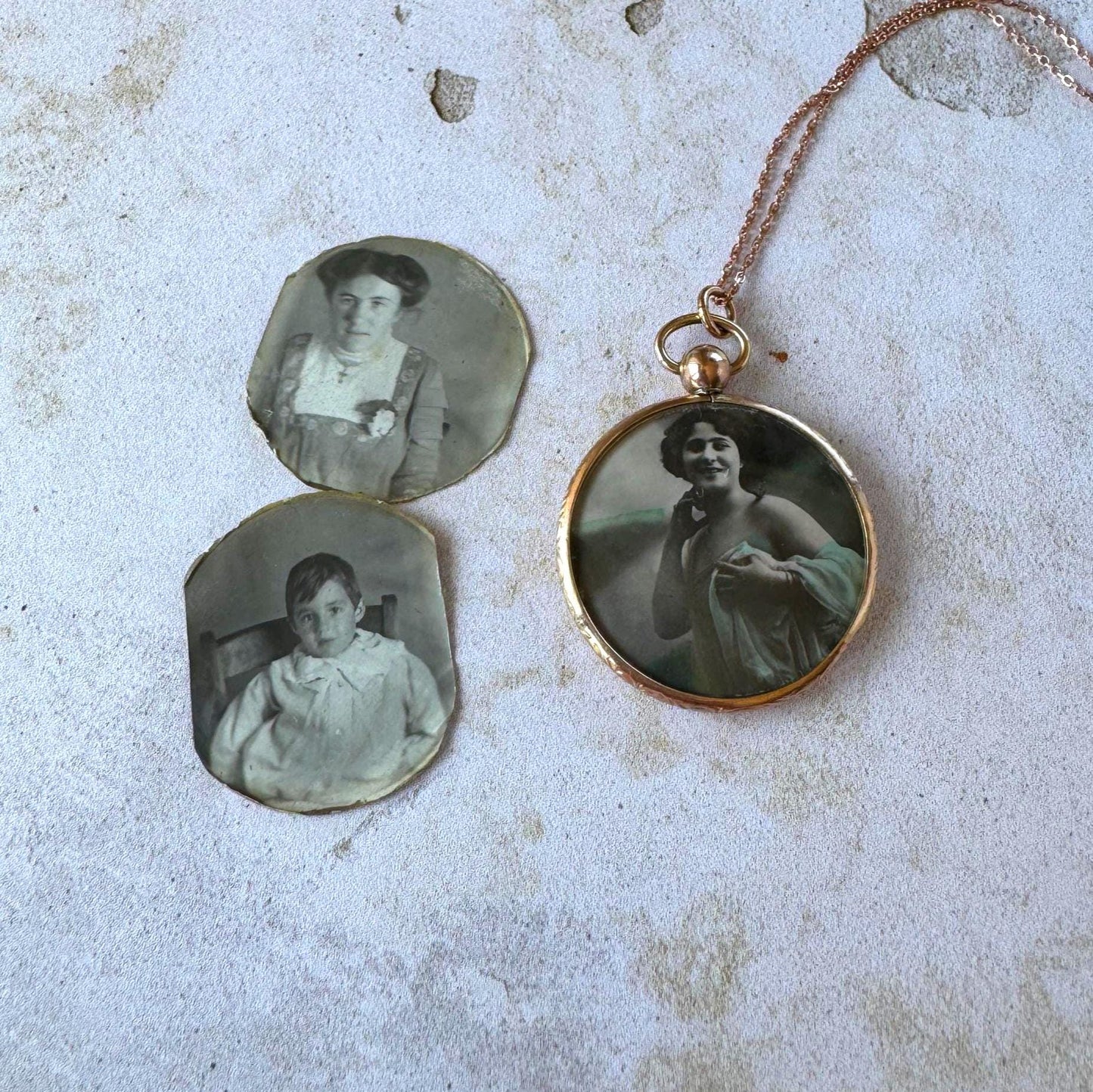 Antique Edwardian Rolled Gold Picture Pendant Necklace: Rare Original Hand Coloured Two Portrait Locket