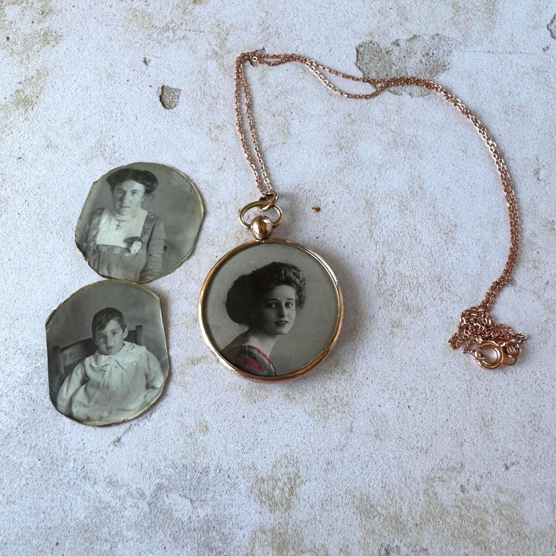 Antique Edwardian Rolled Gold Picture Pendant Necklace: Rare Original Hand Coloured Two Portrait Locket