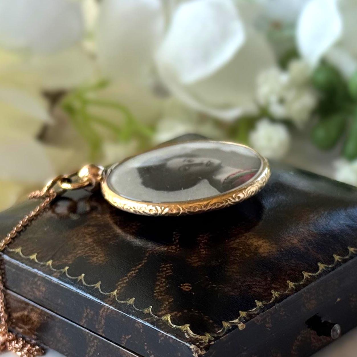 Antique Edwardian Rolled Gold Picture Pendant Necklace: Rare Original Hand Coloured Two Portrait Locket