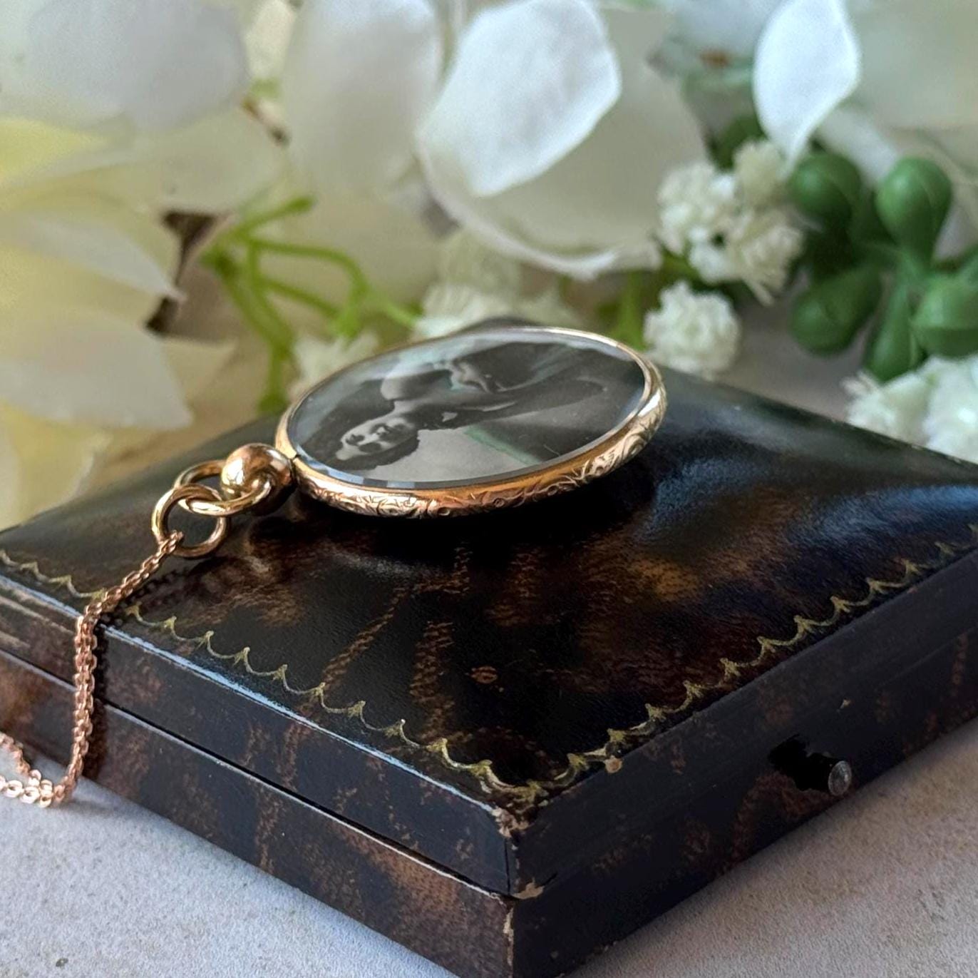 Antique Edwardian Rolled Gold Picture Pendant Necklace: Rare Original Hand Coloured Two Portrait Locket