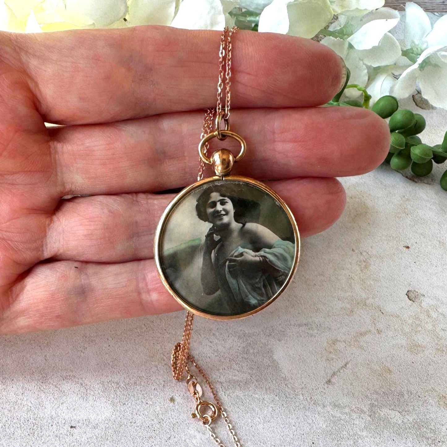 Antique Edwardian Rolled Gold Picture Pendant Necklace: Rare Original Hand Coloured Two Portrait Locket