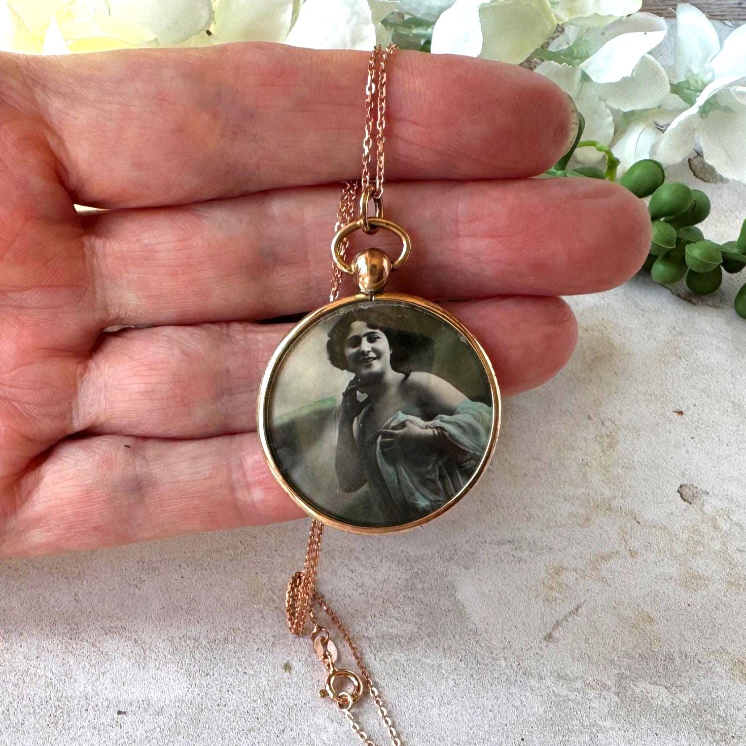 Antique Edwardian Rolled Gold Picture Pendant Necklace: Rare Original Hand Coloured Two Portrait Locket