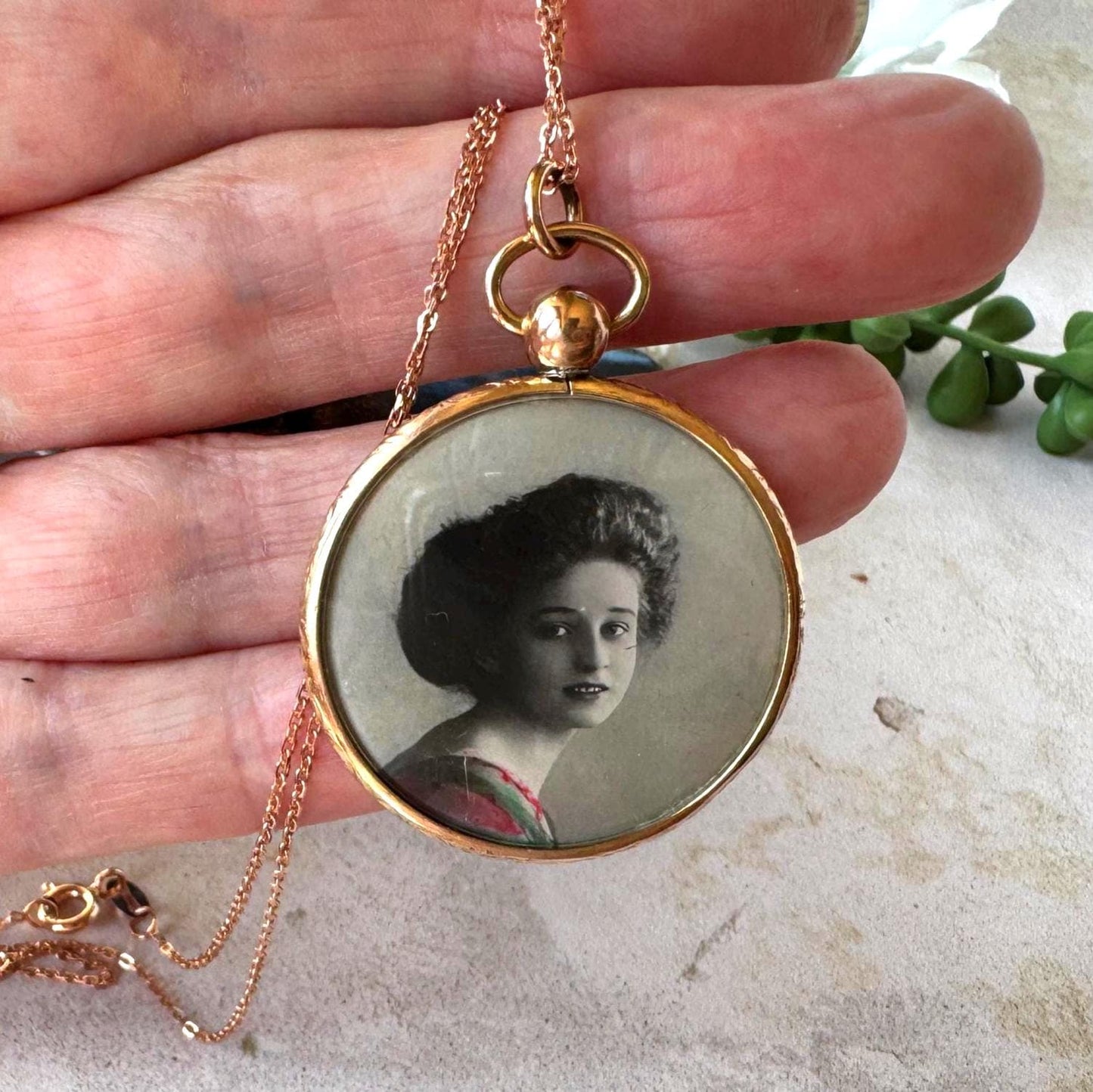 Antique Edwardian Rolled Gold Picture Pendant Necklace: Rare Original Hand Coloured Two Portrait Locket